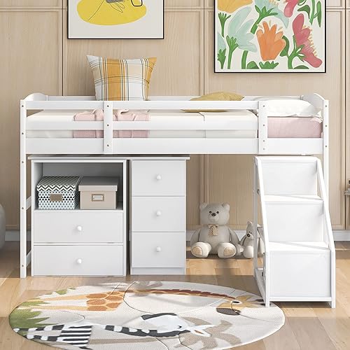 Woanke Cama alta baja de tamaño individual con escritorio integrado móvil multifuncional y 5 cajones de almacenamiento marco de cama de madera