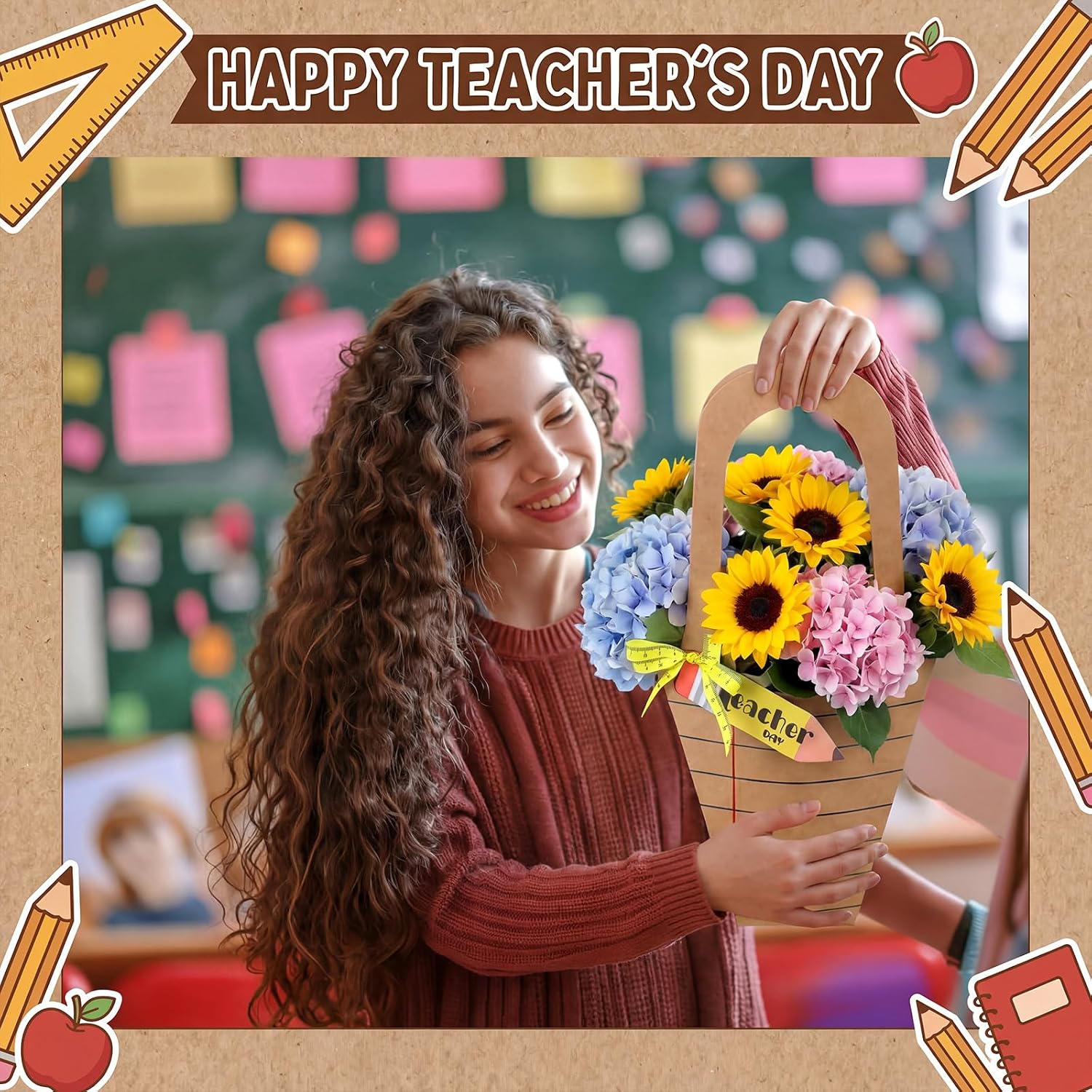Eaasty 30 Sets Flower Bouquet Holder Teacher Appreciation Week Gifts in Bulk Kraft Paper Flower Bar Wrapping Paper with Handle Pencil Signs Measuring Tape Decorative Ribbon for Thank You Gift Bags