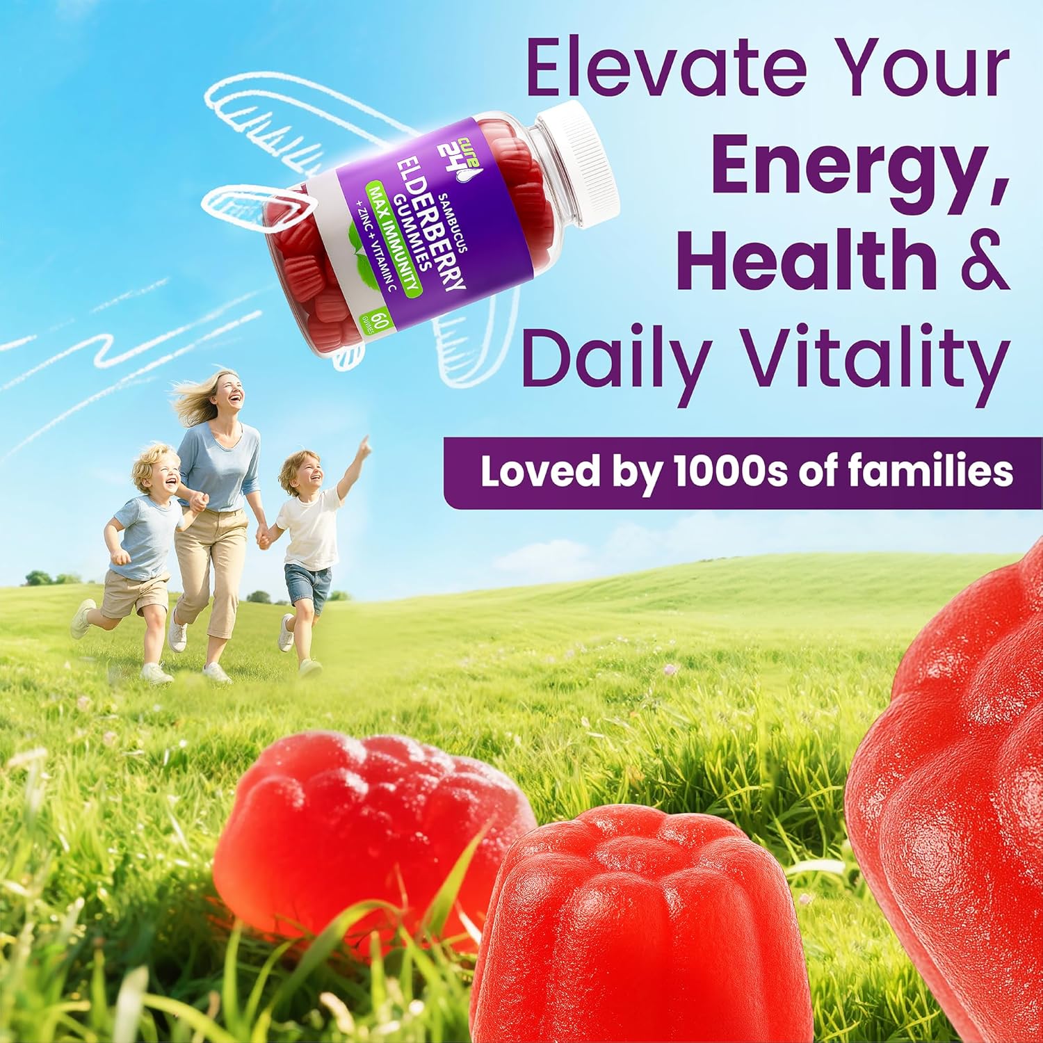 Sambucus Elderberry Gummies + Vitamin C + Zinc for Kids & Adults, X3 Immune Support, Natural Flavors + Ingredients, Vegan, Non-GMO, Made in USA (60) - Image 6