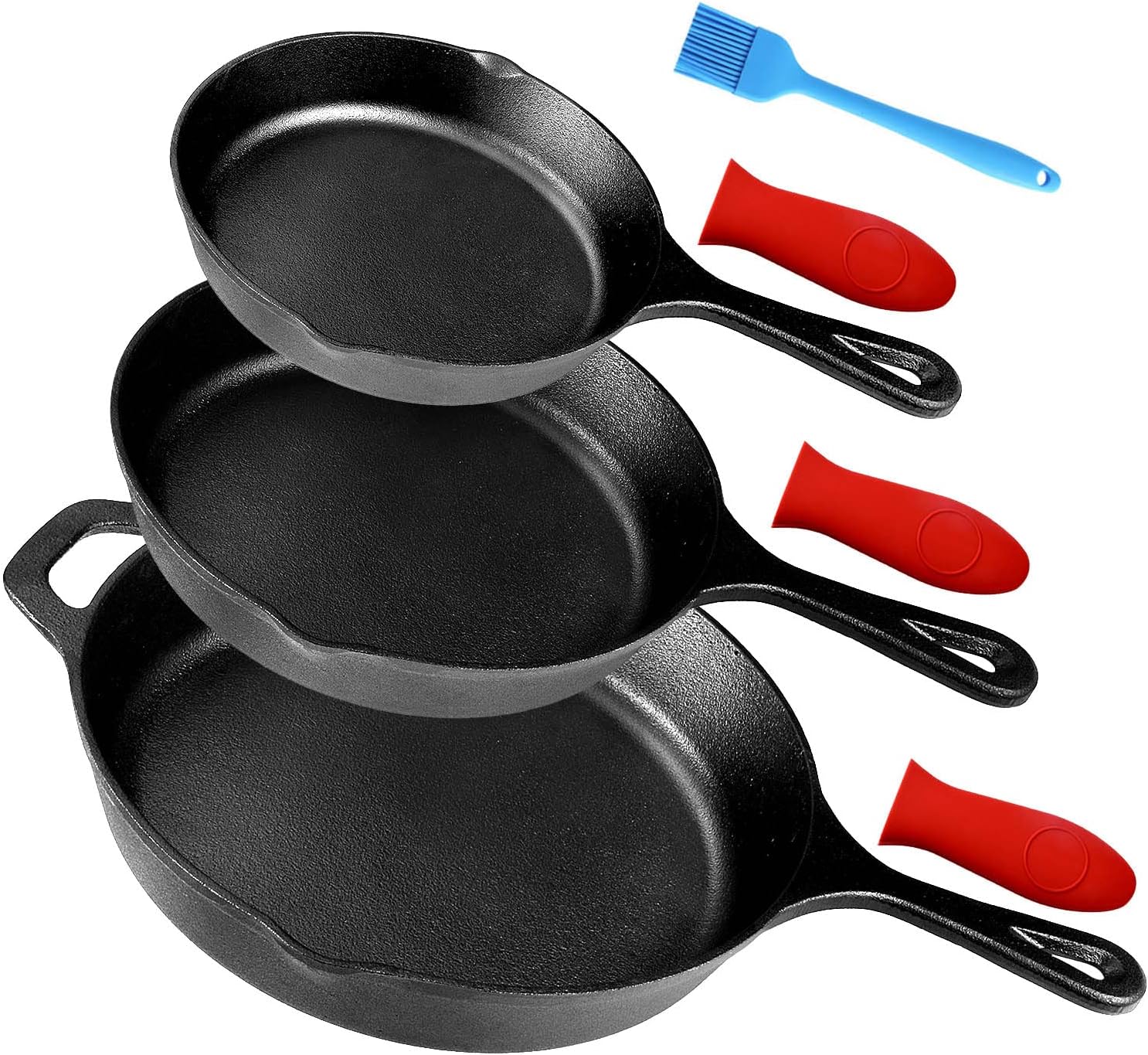 Pre-Seasoned Cast Iron Skillet Set of 3 | 6", 8" & 10" Cast Iron Frying Pans with 3 Heat-Resistant Holders & Oil Brush - Indoor and Outdoor Use - Oven Grill Stovetop Induction Safe Cookware