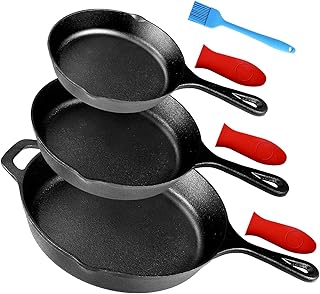 Pre-Seasoned Cast Iron Skillet Set of 3 | 6", 8" & 10" Cast Iron Frying Pans with 3 Heat-Resistant Holders & Oil Brush - I...
