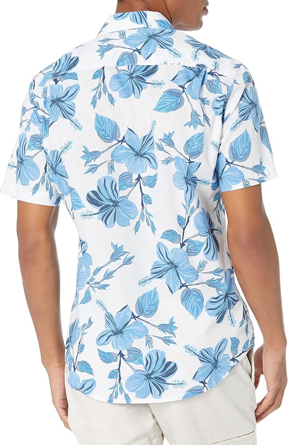 Amazon Essentials Men's SLIM-FIT Short-Sleeve Print Shirt 70%Cotton 30%Viscose,Spread Collal,Regular Fit