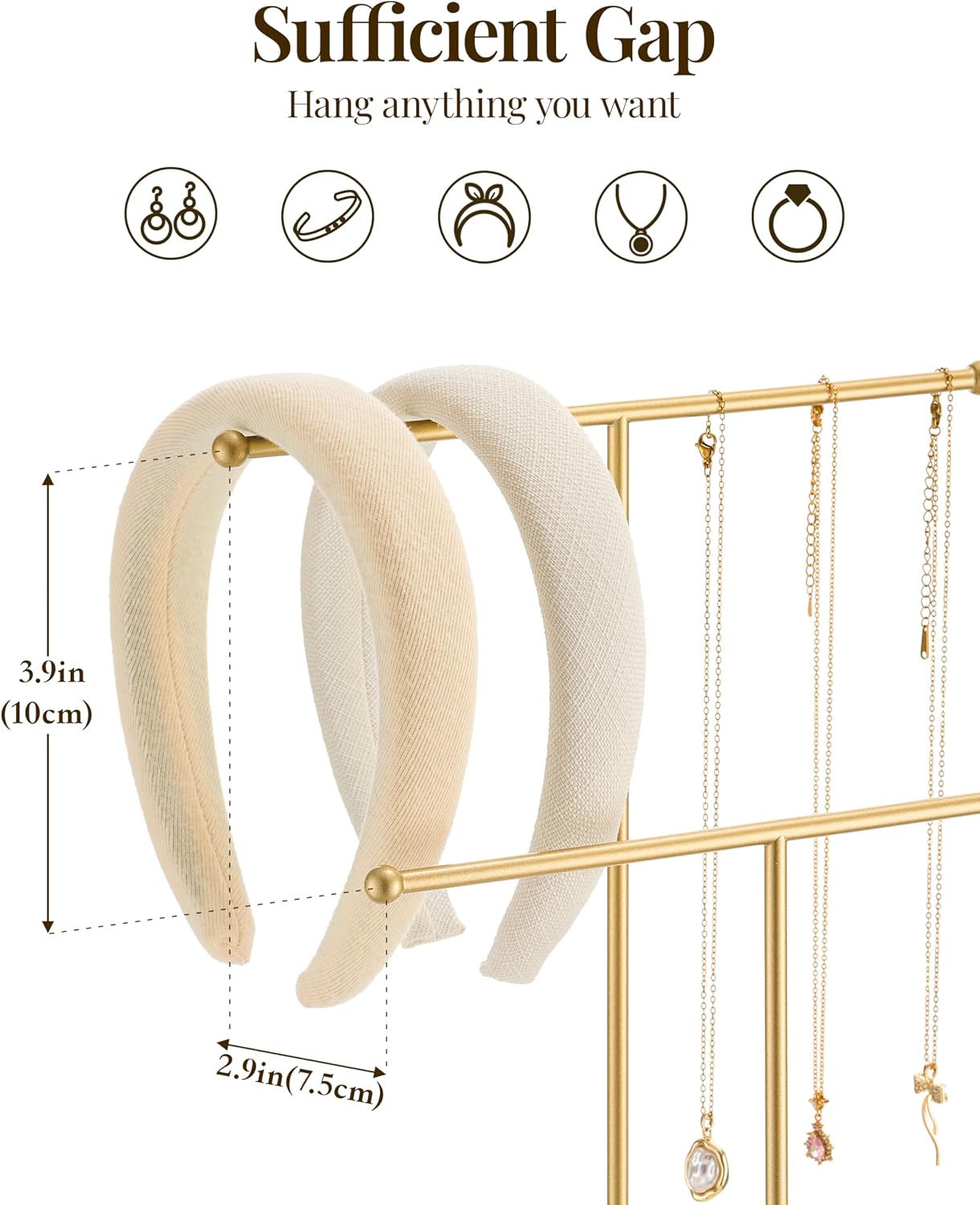 Jewelry Necklace Stand with Ceramic Base - 12" Jewelry storage organizer for Necklaces, Bracelets, Rings, Earrings for girl & women | Gold Bar White Base