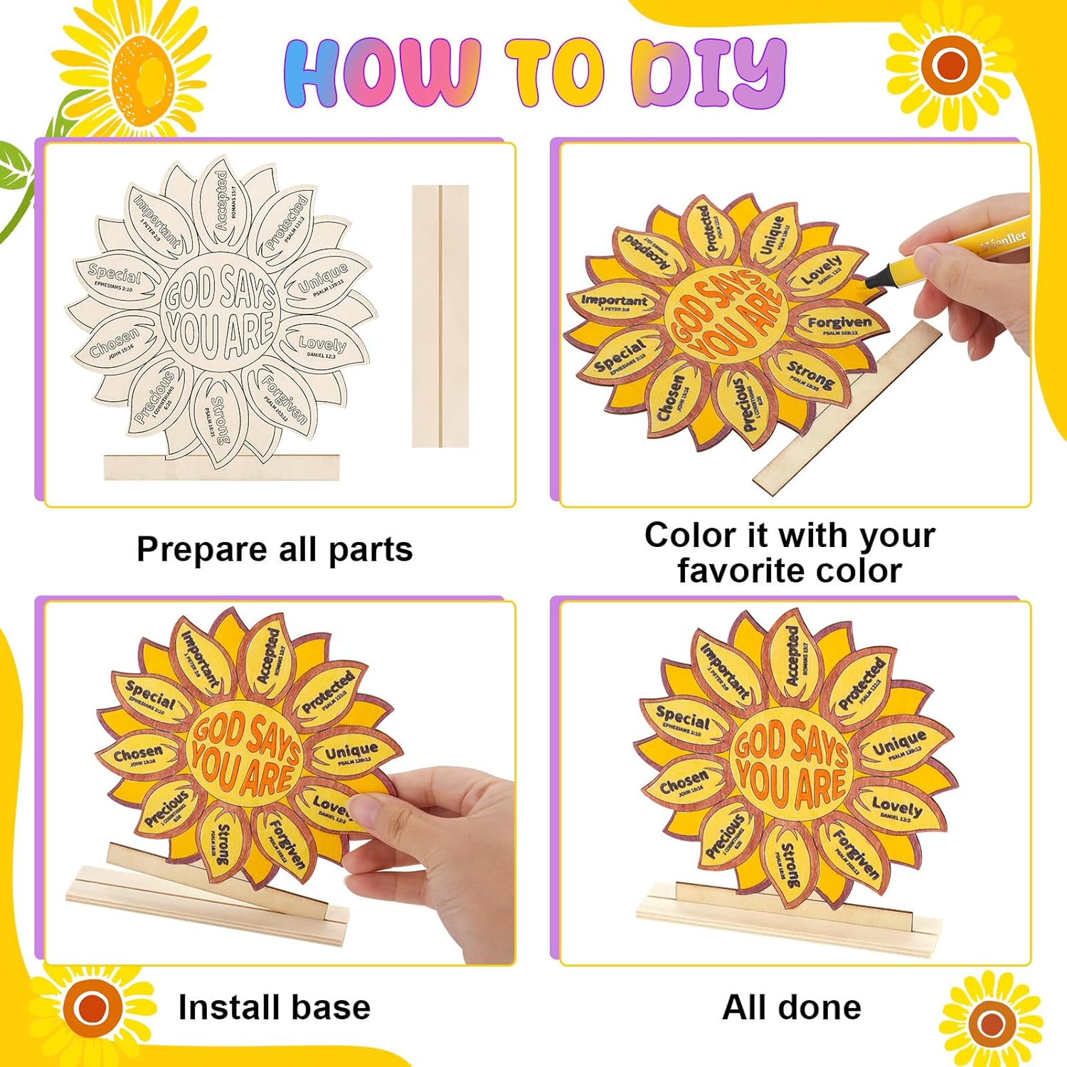 24 PCS God Says You are Sunflower Wood Craft Color Your Own DIY Christian Wooden Tabletop Sign Sunday School VBS Religious Bible Table Centerpiece Decor for Home Classroom Church Art Activities