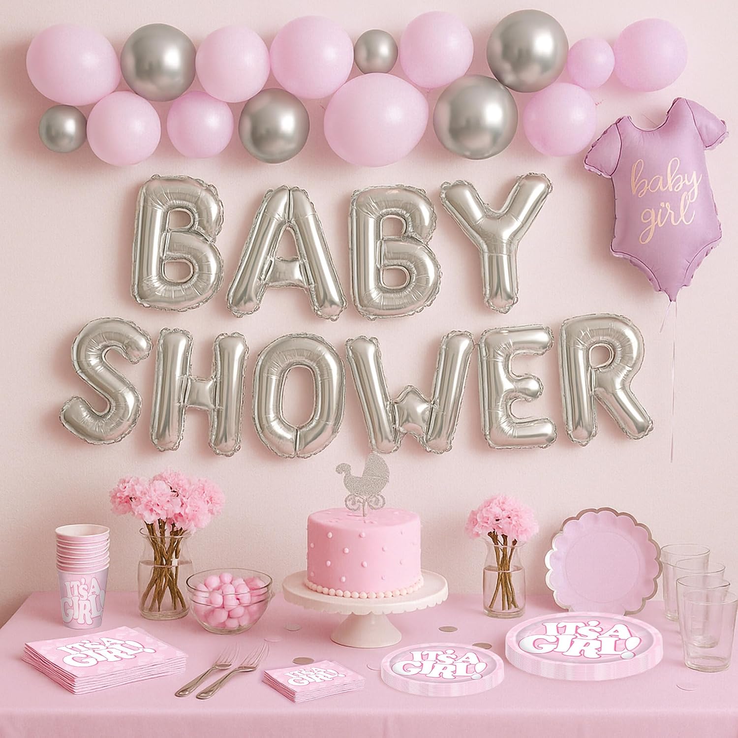 Beistle “It’s A Girl!” Baby Shower Bundle – Plates, Cups, and Napkins, Pink and White Baby Footprint Design, Party Tableware Collection for Announcements, Showers, and Gender Reveal Celebrations