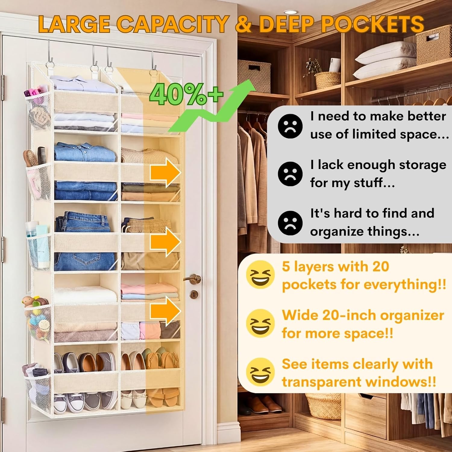 Ofiray-home Over the Door Organizer 5 Tiers,Extra Large Behind Door Storage of 10 Compartments,80 lbs Weight Capacity Over the Door Storage, Door Hanging Organizer for Closet, Diaper Organizer, Beige - Image 2