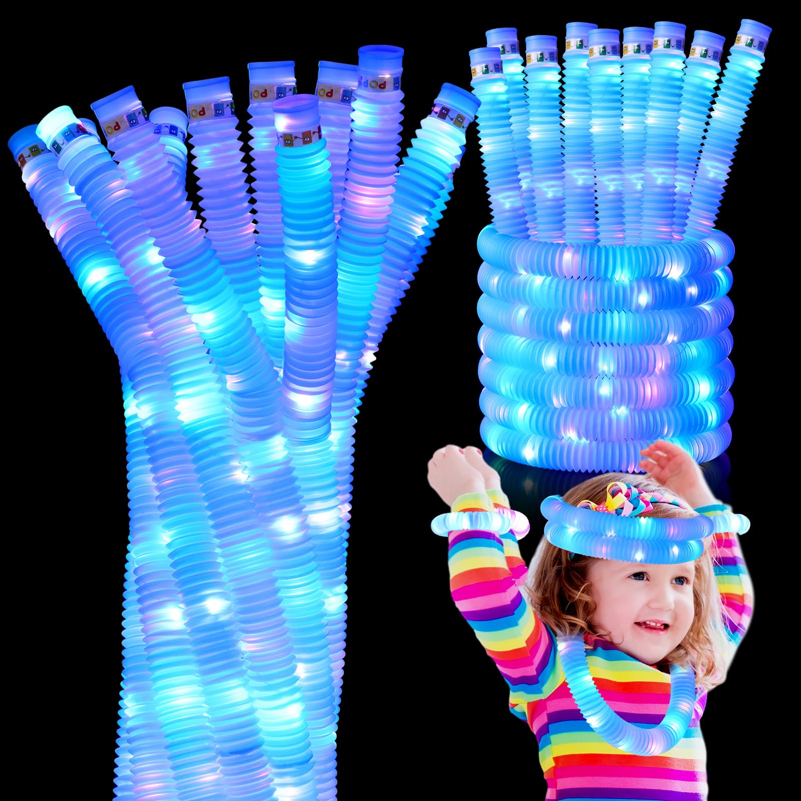 Light up Sensory Toys Glow Sticks LED Pop Tubes Pipes Glow in Dark Party Favor Supplies Toddlers Valentines Day Gifts Kids Birthday Fidget Gifts for Boys Girls Autism(6 Pcs, Blue Color)