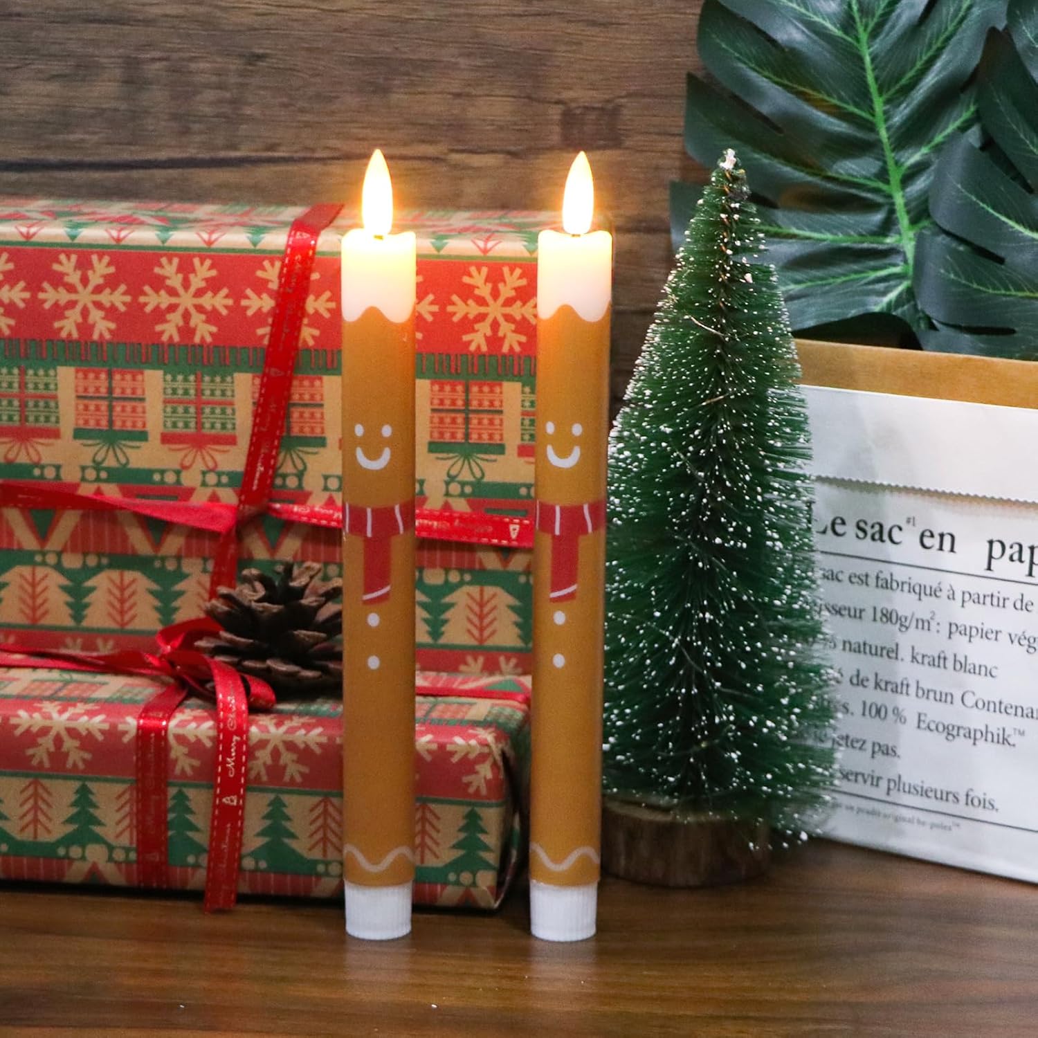 Christmas Flameless Taper Candles with 6H Timer, 2 Pcs Gingerbread Man LED Candlesticks with 3D Flickering Flame for Home Décor Christmas Gifts