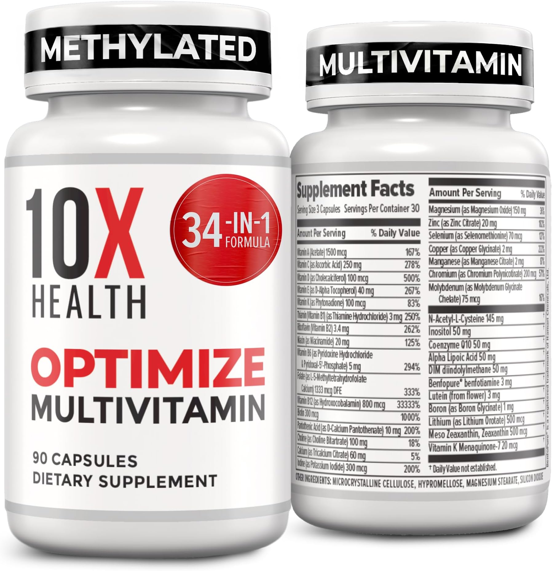 10X Health Optimize Methylated Multivitamin for Men - 90 Capsules, 34 in 1 Formula with 800 mcg of Vitamin B12, 5-MTHF, NAC - Methyl B Complex