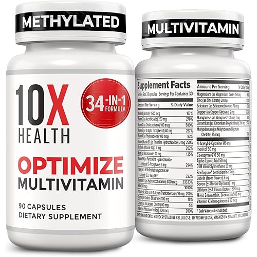 10X Health Optimize Multivitamin for Men - 90 Capsules, Methylated Multivitamin 34 in 1 Formula with 800 mcg of Vitamin B12, 5-MTHF, NAC - Methyl B Complex
