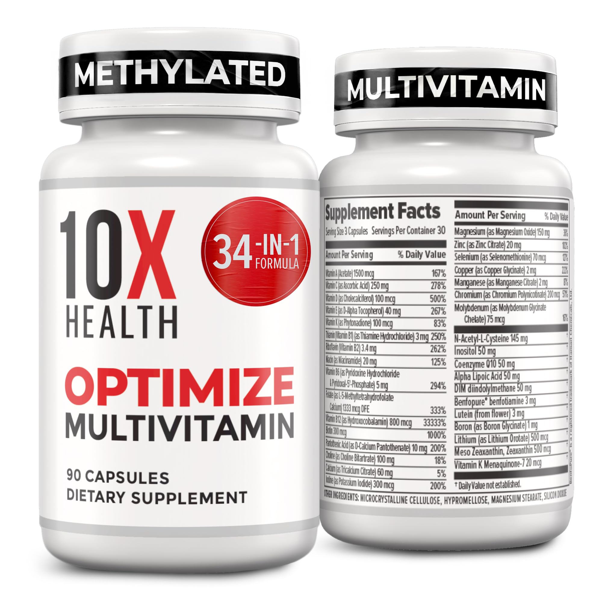 10X Health Optimize Multivitamin for Men - 90 Capsules, Methylated Multivitamin 34 in 1 Formula with 800 mcg of Vitamin B12, 5-MTHF, NAC - Methyl B Complex, MTHFR Supplement