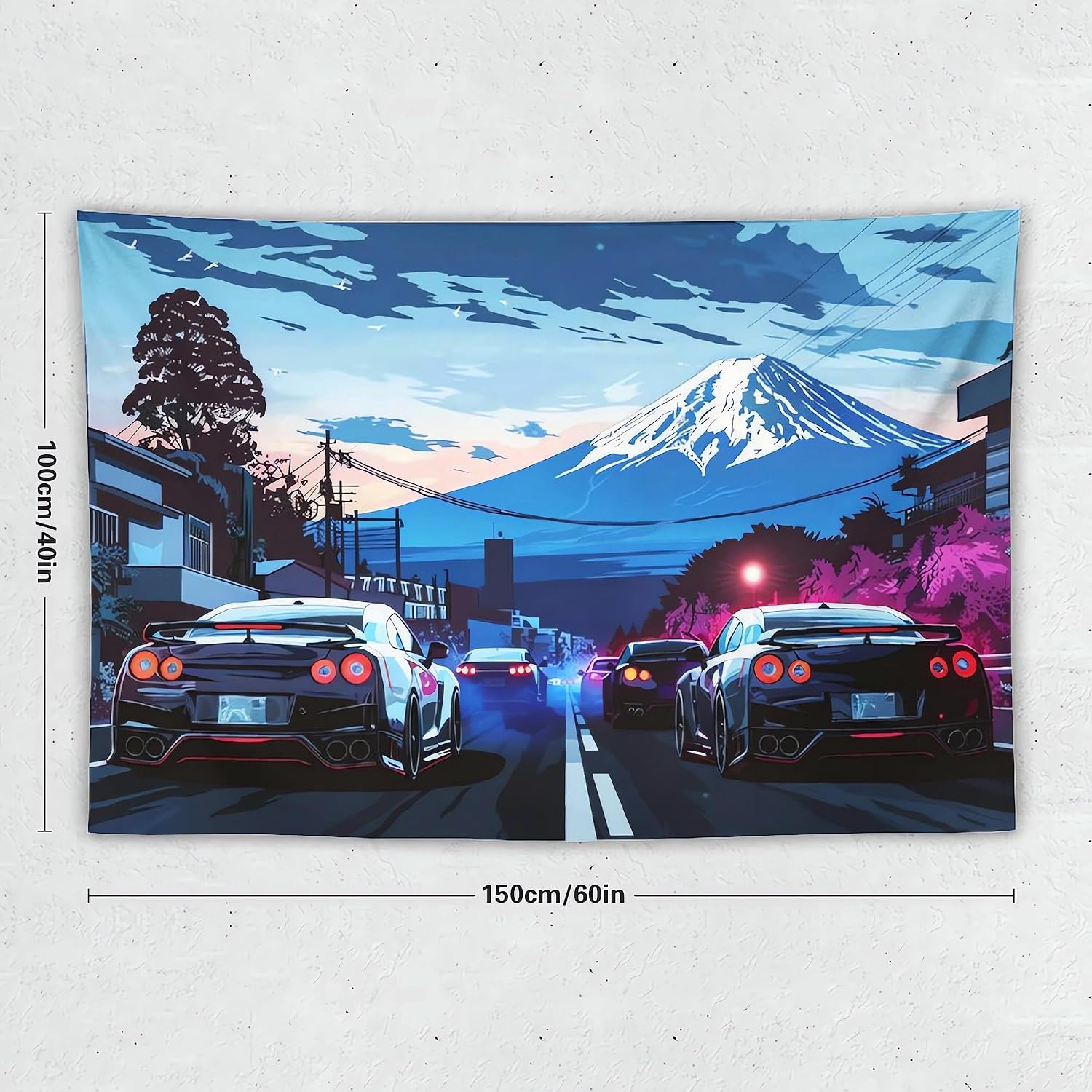 ANMOGID JDM R35 Cars Tapestry, Mount Fuji Art Anime Wall Hanging, Japanese Aesthetic Room Decor for Bedroom Living Room Dormitory Office 60" x 40"