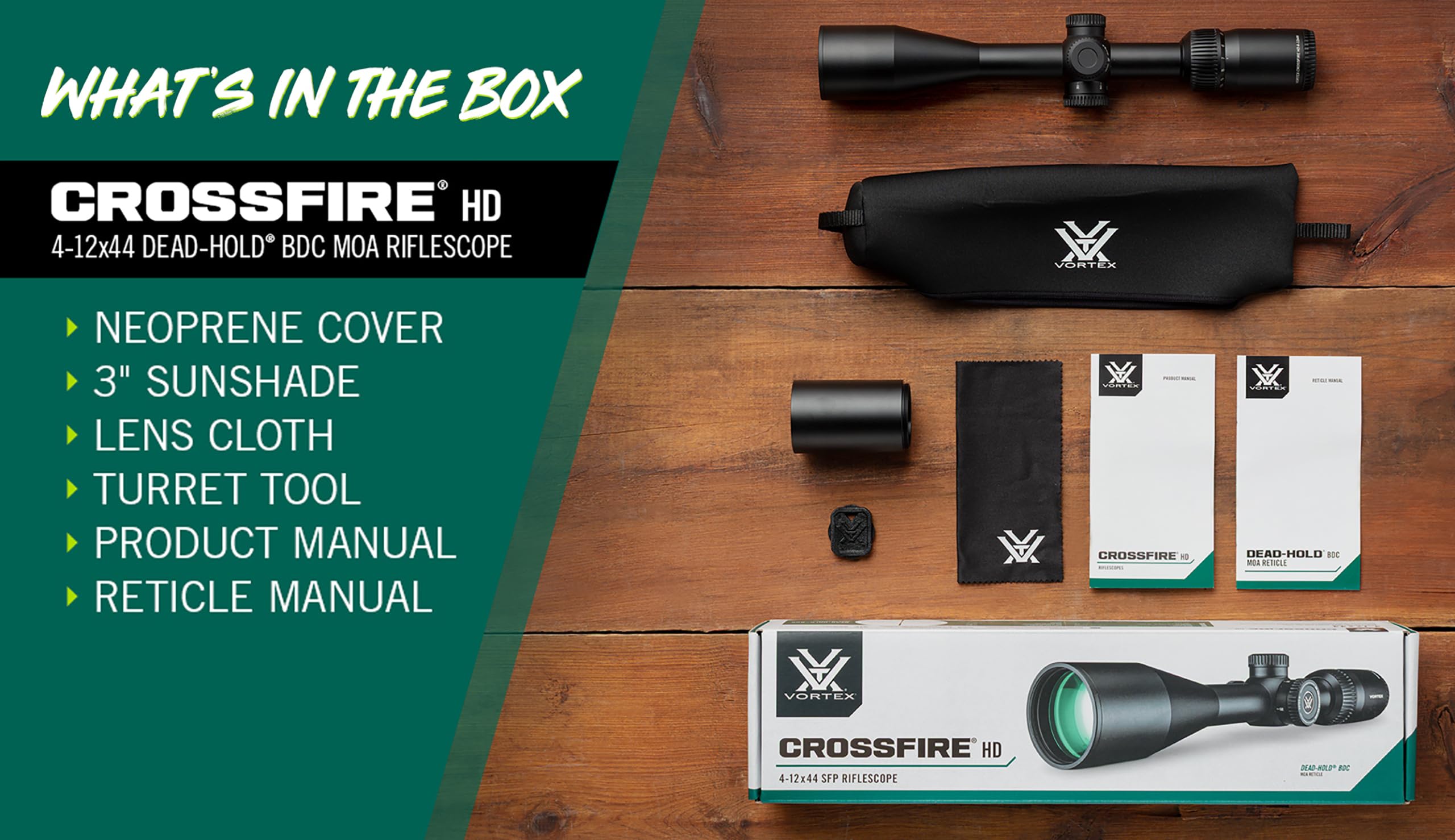 Vortex Crossfire HD 4-12x44 Second Focal Plane, 1-inch Tube Riflescope - Dead-Hold BDC MOA Reticle