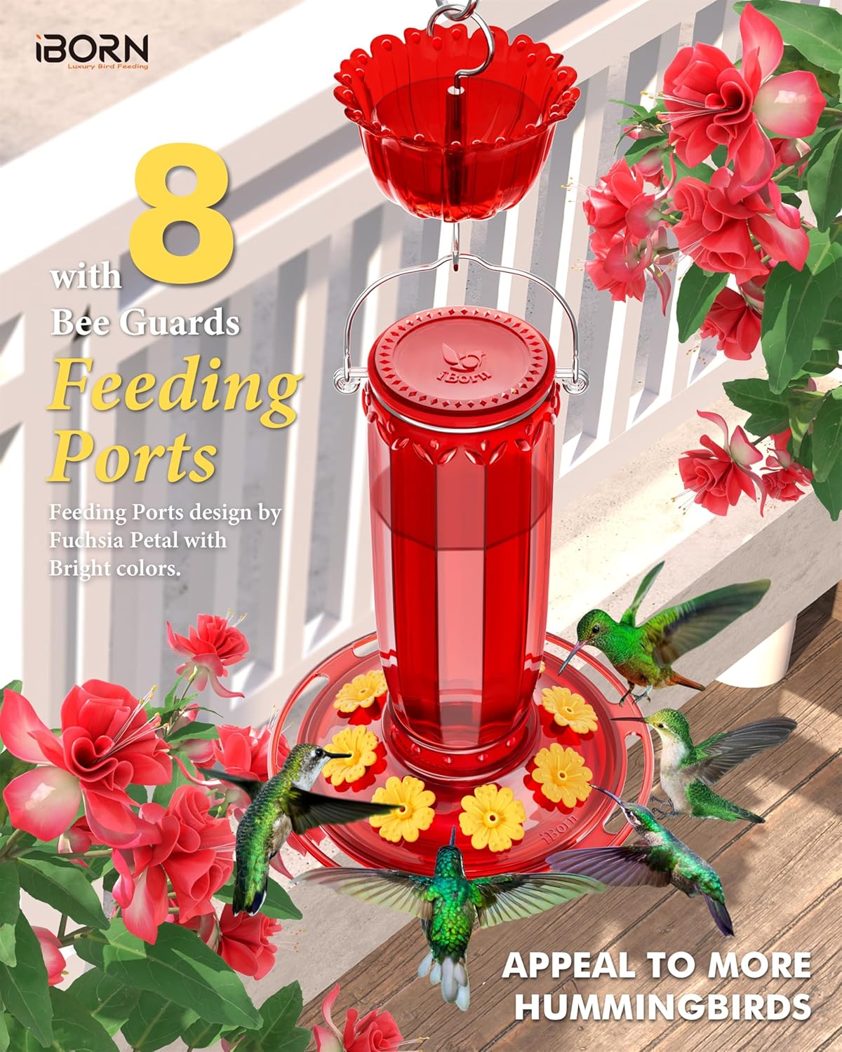 iBorn Hummingbird Feeders for Outdoors Hanging with Ant Moat for Hummingbird Feeder Glass 8 Ports for 16oz Hummingbird Nectar,Yellow Flowers Red Glass, Pack of 2