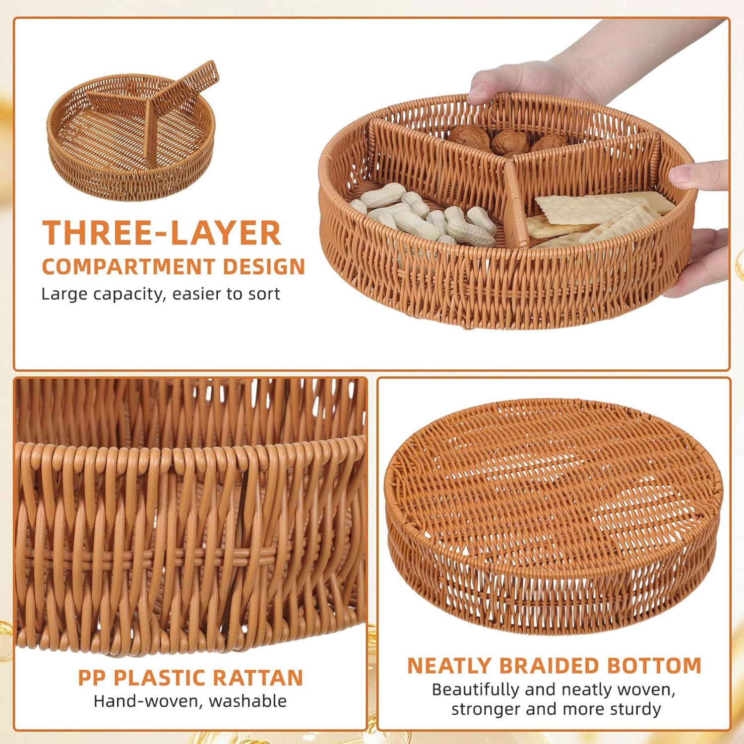 Xmas Brown Woven Desktop Basket, round Organizer for Snacks image 3