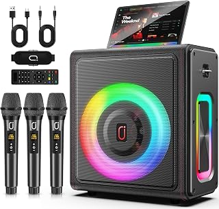 Karaoke Machine, Portable Bluetooth 5.3 Speaker with 3 Wireless Microphones for Adults, 300W Retro Leather PA System with Pitch Correction, Supports TV/TWS/TF Card/USB/AUX/Live (3MICS)