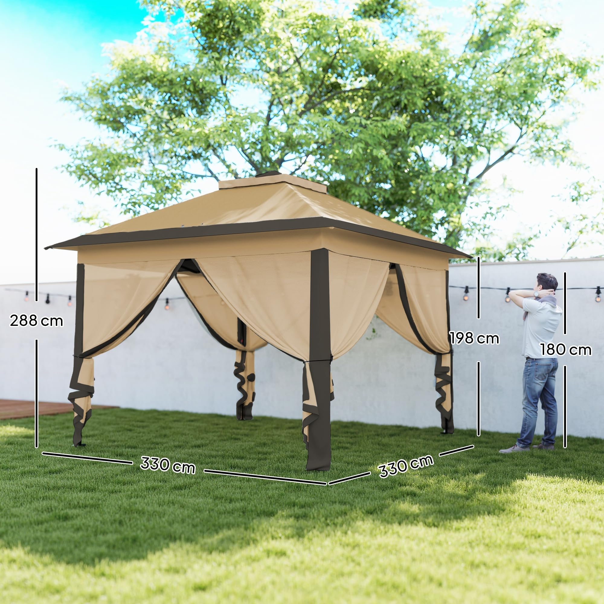 Outsunny Tonnelle Pliante Pop-up Double Toit 3,3x3,3m Beige et Marron