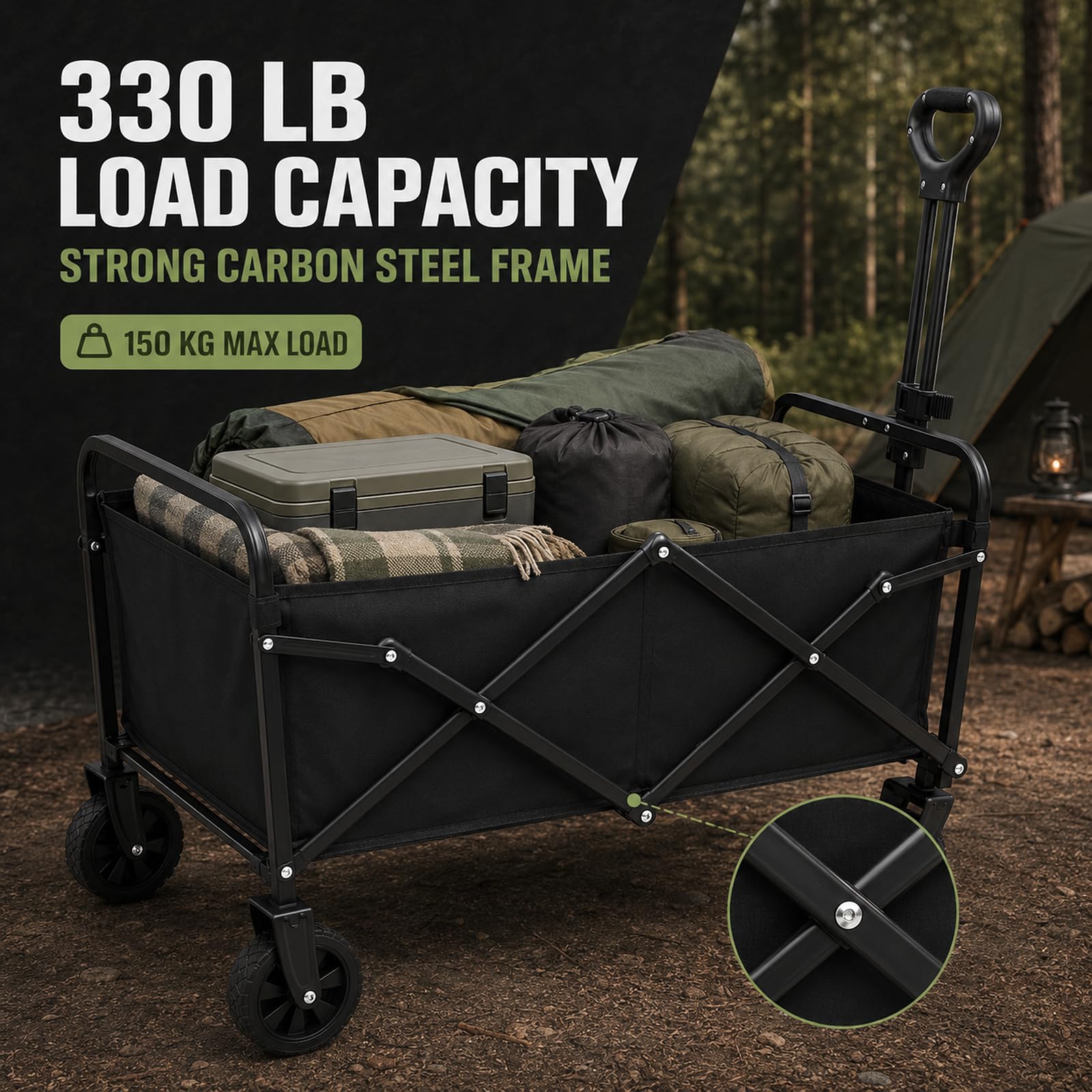 Surface de charge de 150 kg - Chariot pliable - Chariot de plage avec grande capacité - Chariot pliable stable portable pour jardin, camping, festival