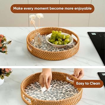 KOLWOVEN Round Rattan Tray with Handle, Rattan Serving Tray with Mother of Pearl Inlay Wooden Base (White- Black Leaves)
