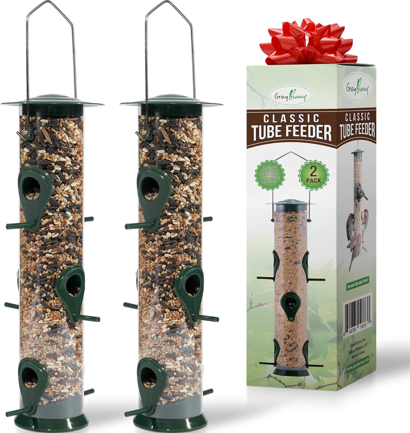 Gray Bunny Tube Bird Feeders for Outdoors Hanging, Premium Hard Plastic Bird Feeder with 6 Bird Perches & Steel Hanger, Weatherproof & Water Resistant : Patio, Lawn & Garden