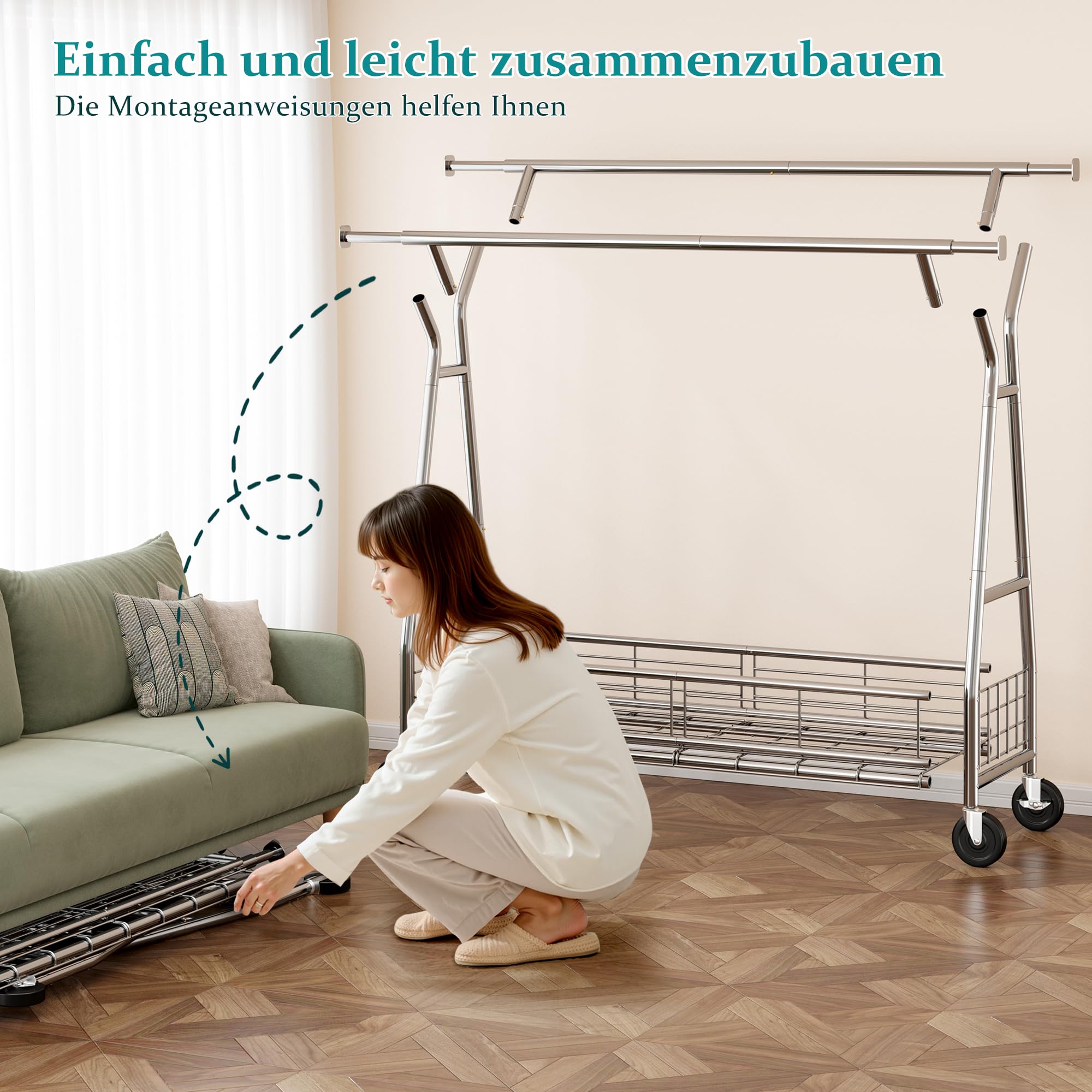 Kleiderständer auf Rollen mit Doppelstange & Netzkorb, 200 kg Schwerlast-Tragkraft, reichlich Stauraum für Kleidung & Accessoires