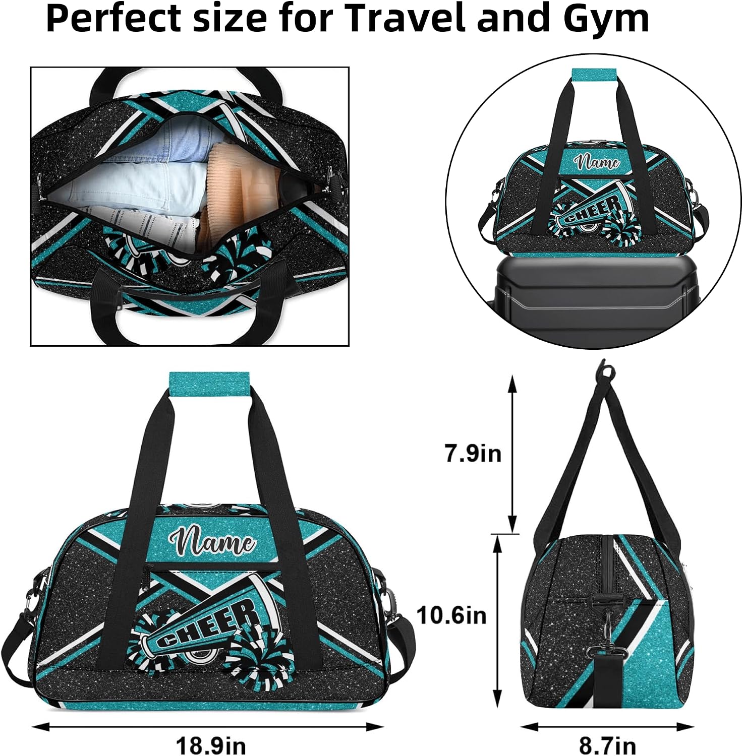 Personalized Cheer Bag with Name, Custom Cheerleader Duffle Bag for Women, Gym Travel Bag for Cheerleaders (Teal)