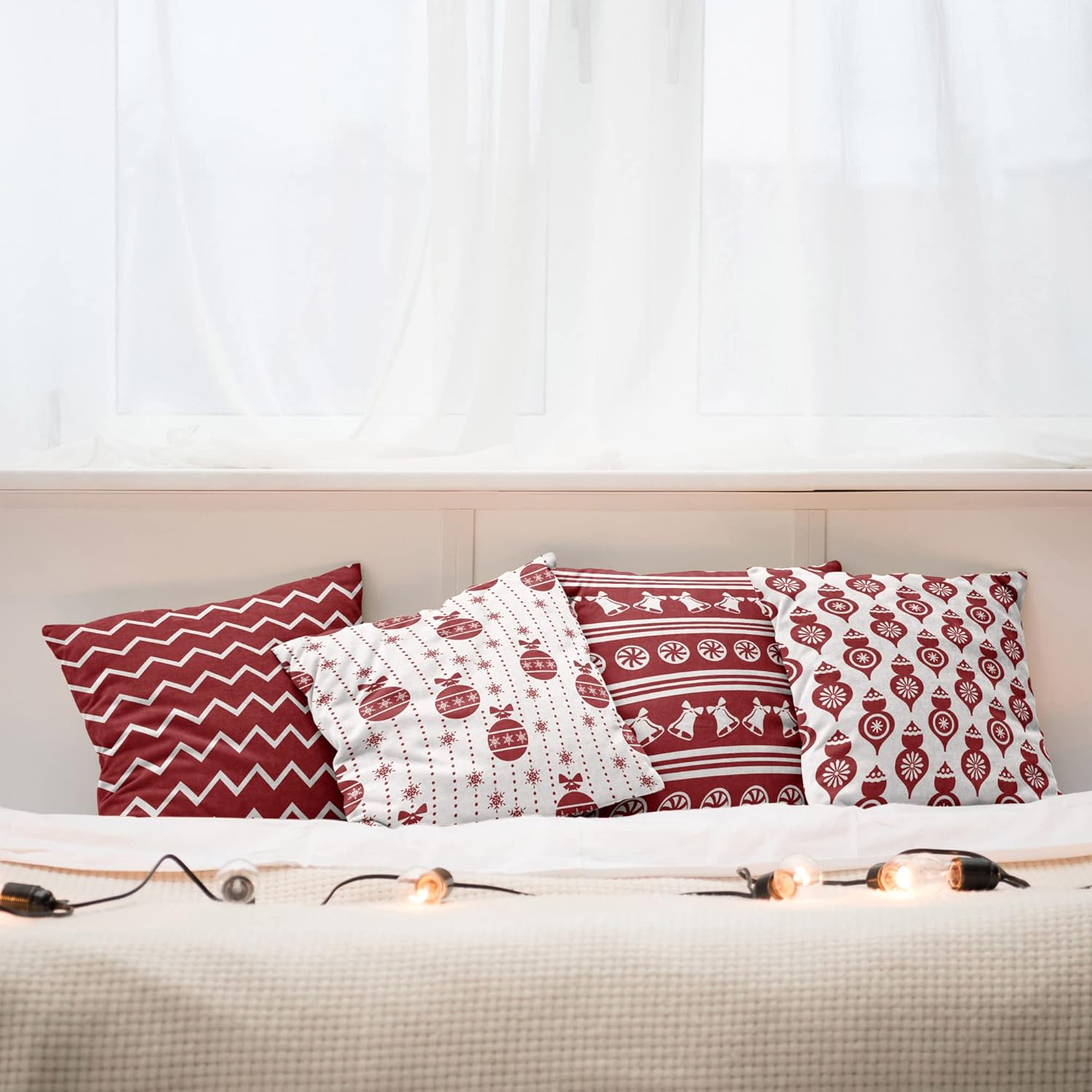 Ambesonne Christmas Throw Pillow Cushion Case Pack of 4, New Year Concept Zigzags Bells Sweets and Hanging Ornament Silhouettes Pattern, Modern Accent Double-Sided Printing, 20" x 12", Ruby White