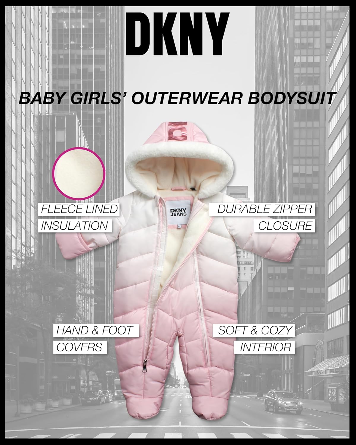 DKNY Baby Girls Snowsuit - Soft Fleece Lined Hooded Winter Pram Baby Snowsuit Outerwear for Newborns & Infants (Sizes 3-9M) - Image 2