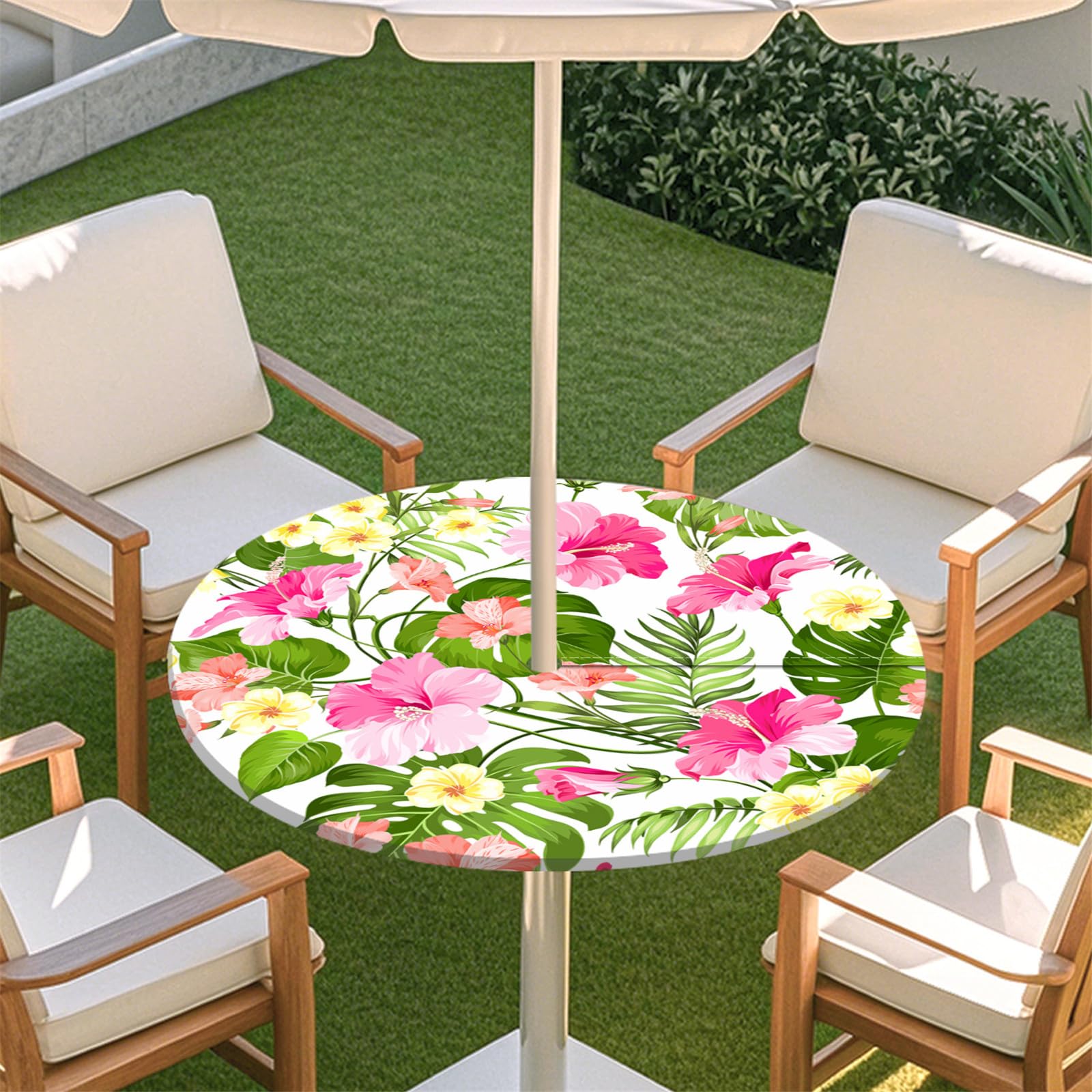 Odot Outdoor Round Tablecloth with Parasol Hole and Zipper, 3D Elegant Elastic Edge Round Fitted Tablecloth Protector Waterproof Wipe Clean Table Cover for Garden, BBQ, Party (Leaf,L:114-137cm)
