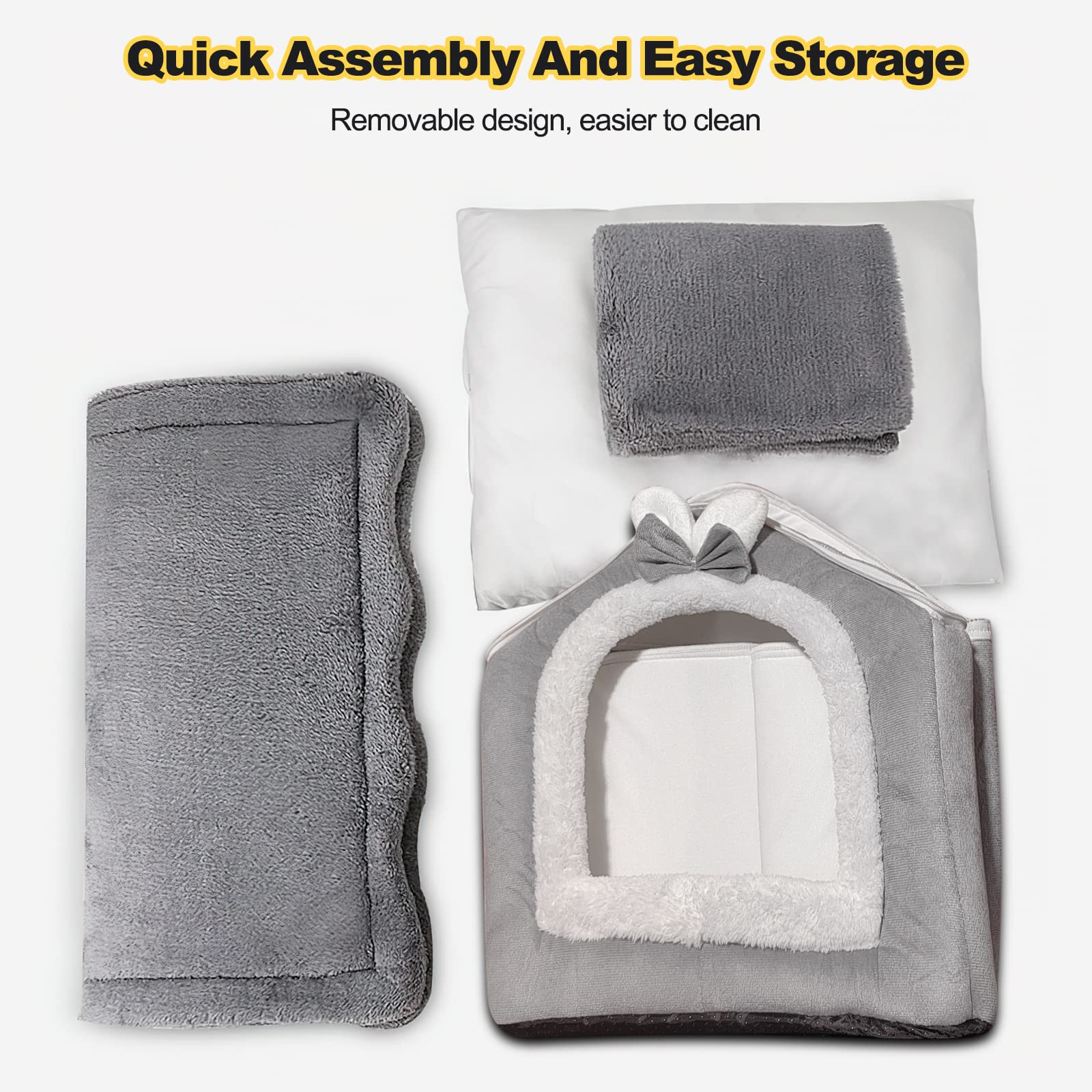 Galatée Lit De Grotte pour Chat, Lit De Chien Lavable, Igloo De Chat en Peluche Chaud Et Confortable, Maison De Chat Pliable Et Confortable, Lit De Chien avec Fond Antidérapant(L, Lapin Gris)