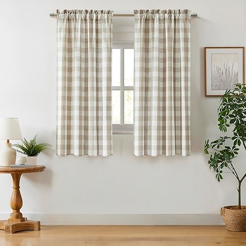 Panel de cortina de ventana a cuadros de color beige de 54 pulgadas de largo, con bolsillo geométrico para barra, cortinas de estilo rústico para