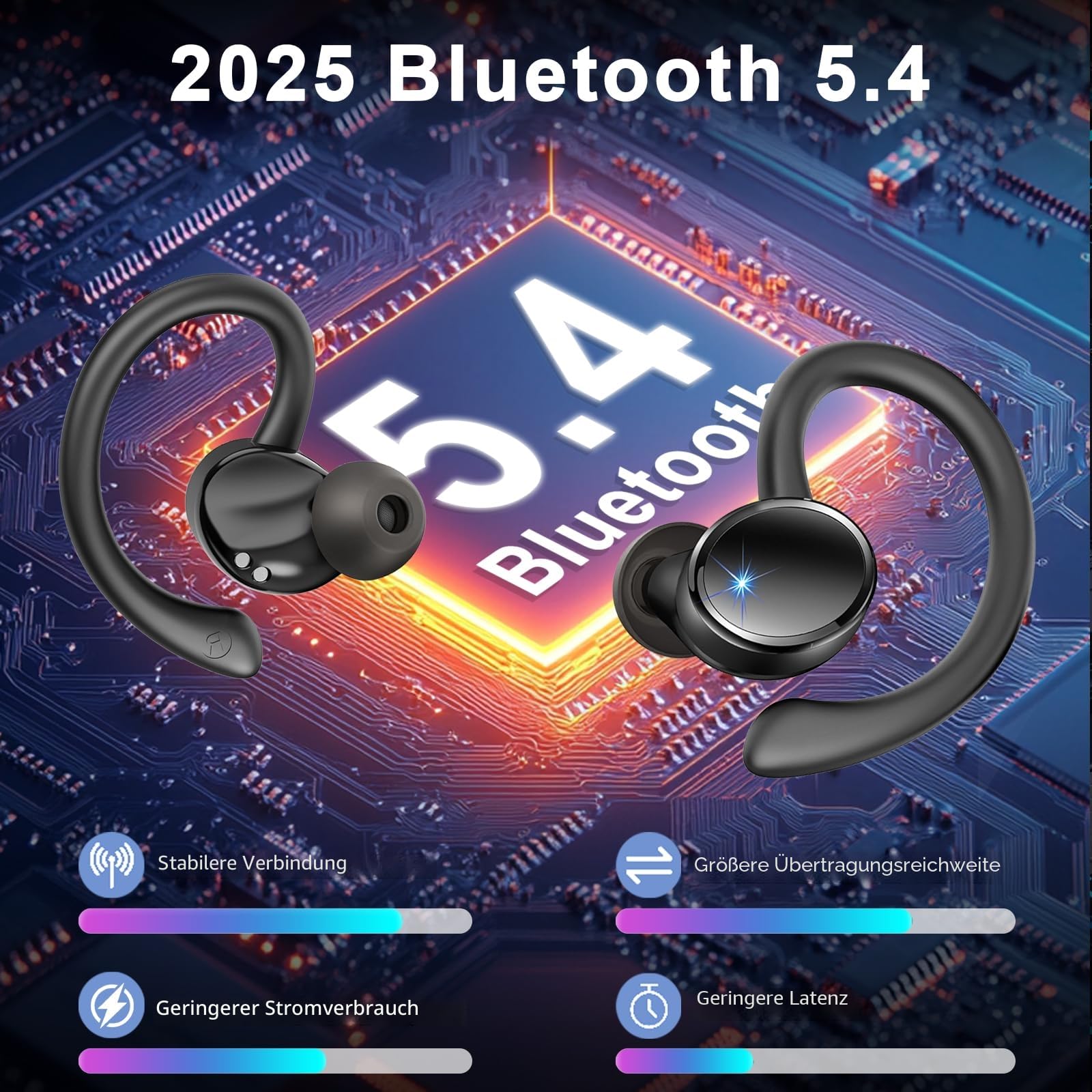 Bluetooth Kopfhörer Sport, Kopfhörer Kabellos Bluetooth 5.4 mit 4 ENC Noise Cancelling Mic, In Ear Kopfhörer mit HiFi Stereo, 50 Std Spielzeit Kabellose Ohrhörer, IP7 Wasserdicht, Dual LED-Anzeige