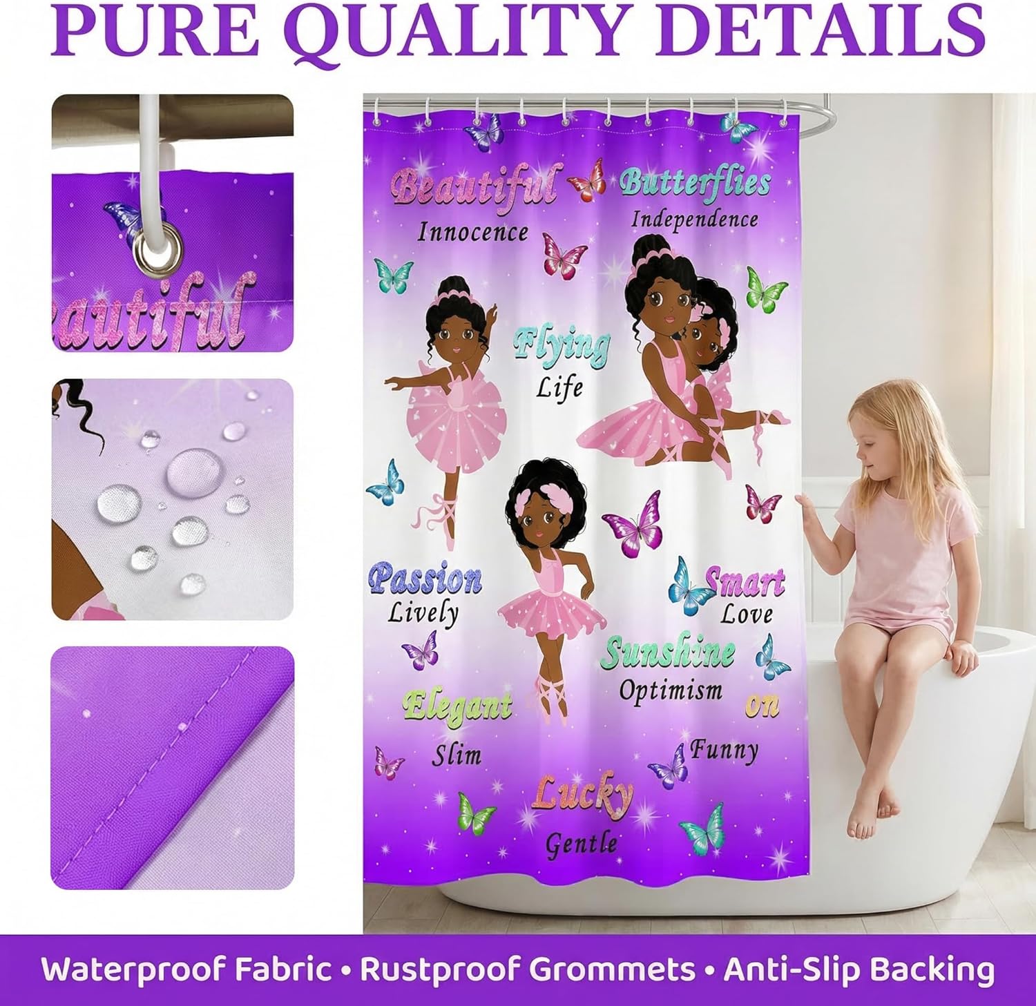 BATATADOCE 4pcs Black Girl Shower Curtain - Girls Bathroom Set Kids Bathroom Set Shower Curtain Includes Rugs Toilet Lid Cover and U Shape Mat and 12 Hooks,70"X70"