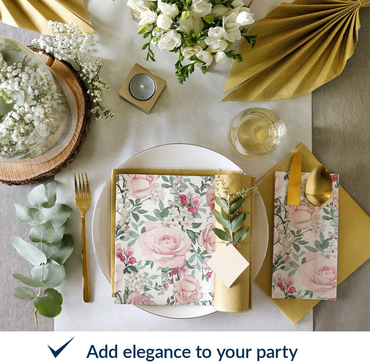 PAW - Linen Feel Napkins with Built-in Flatware Pocket, Airlaid Paper Pre-Folded Napkins for Silverware, Wedding Party, Dinner, Birthday, Gatherings, Floral Roses Design, 50 Count