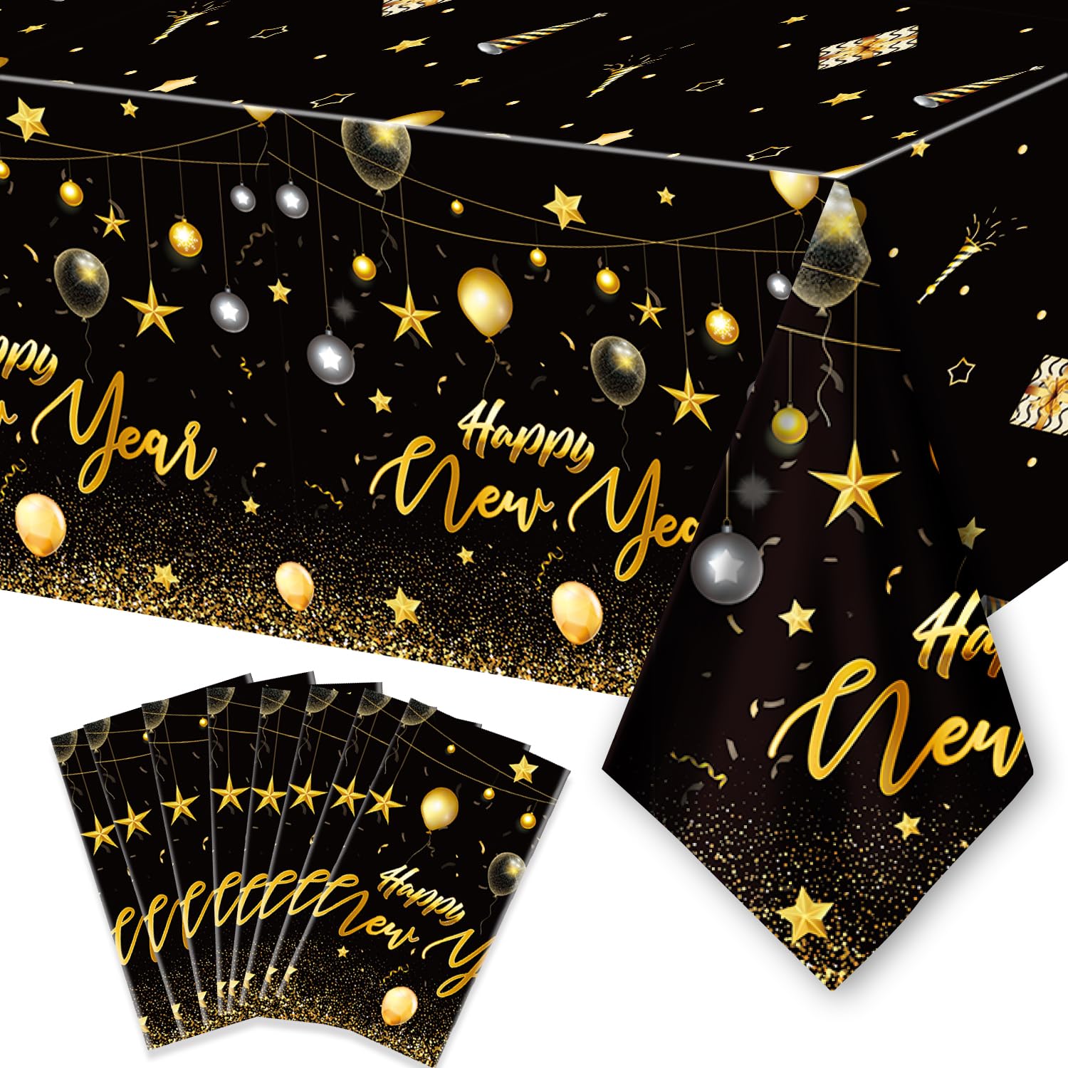Nappe jetable Happy New Year noire et dorée rectangulaire PARSUP x8