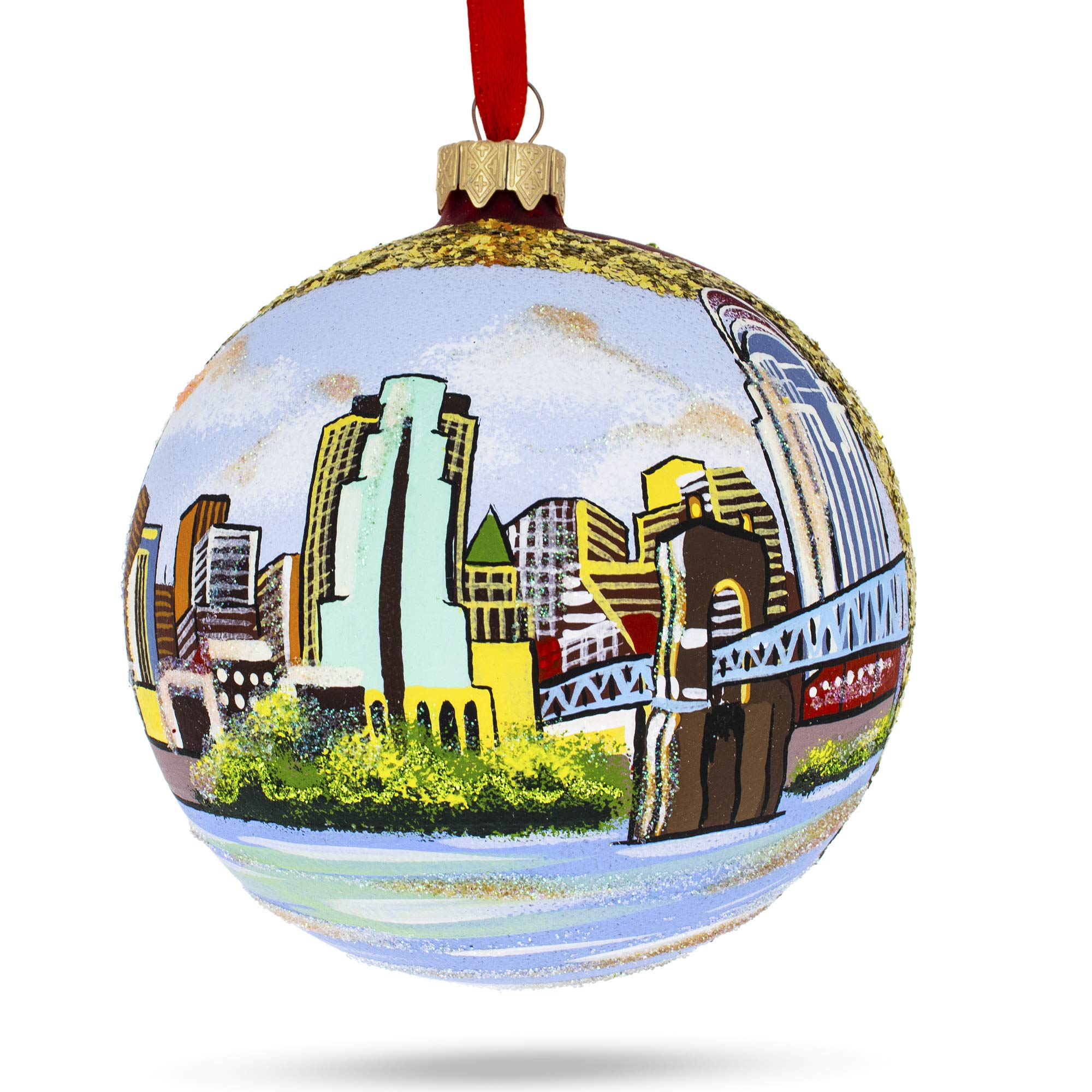 Boule de Noël en verre Cincinnati de 10 cm peinte à la main pour sapin