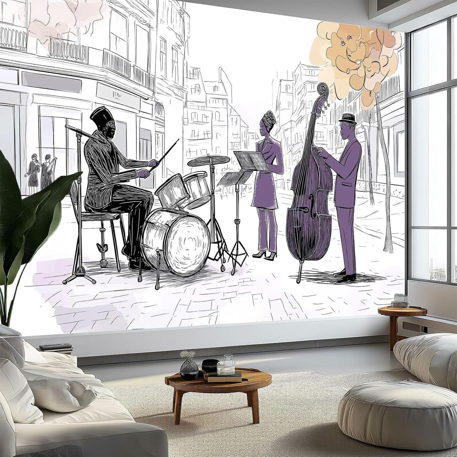 Papier peint jazz blanc grand format 350x256 cm pour salon chic
