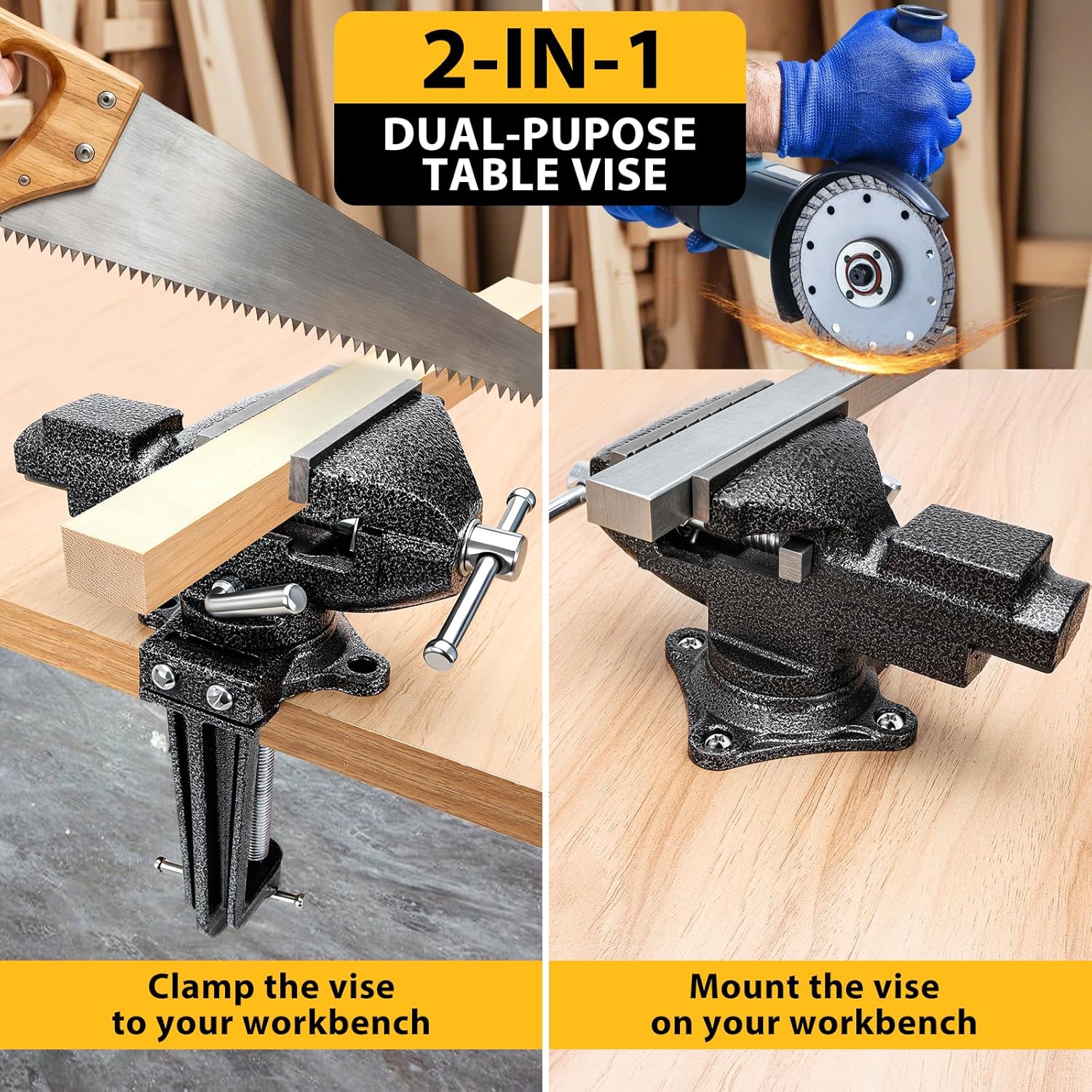 Heavy Duty 2-in-1 Bench Vise with 3.2" Jaw Width, 360° Swivel Base Table Vise, Non-Slip Jaws and Removable Anvil, Cast Iron Swivel Base Vise for Metalworking, Pipe Cutting, Wood Craft
