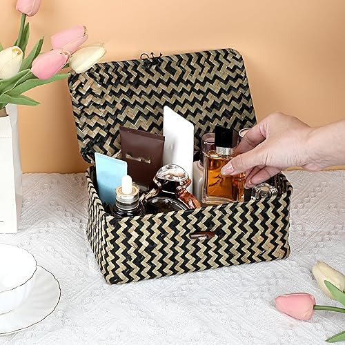 Vista 28 de Hipiwe Cestas de mimbre con tapa, cesta de pastos marinos tejida a mano, cestas rectangulares para el hogar, cajas para estantes, armario, Café