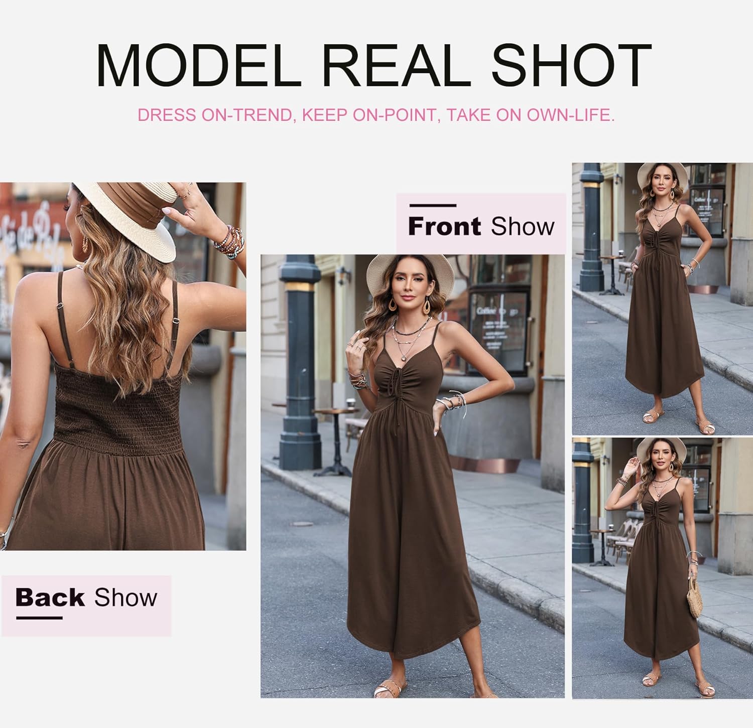 Dokotoo Womens Jumpsuits Spaghetti Straps Ruched Drawstring Knit Wide Leg Romper Casual Jumpsuits with Pockets