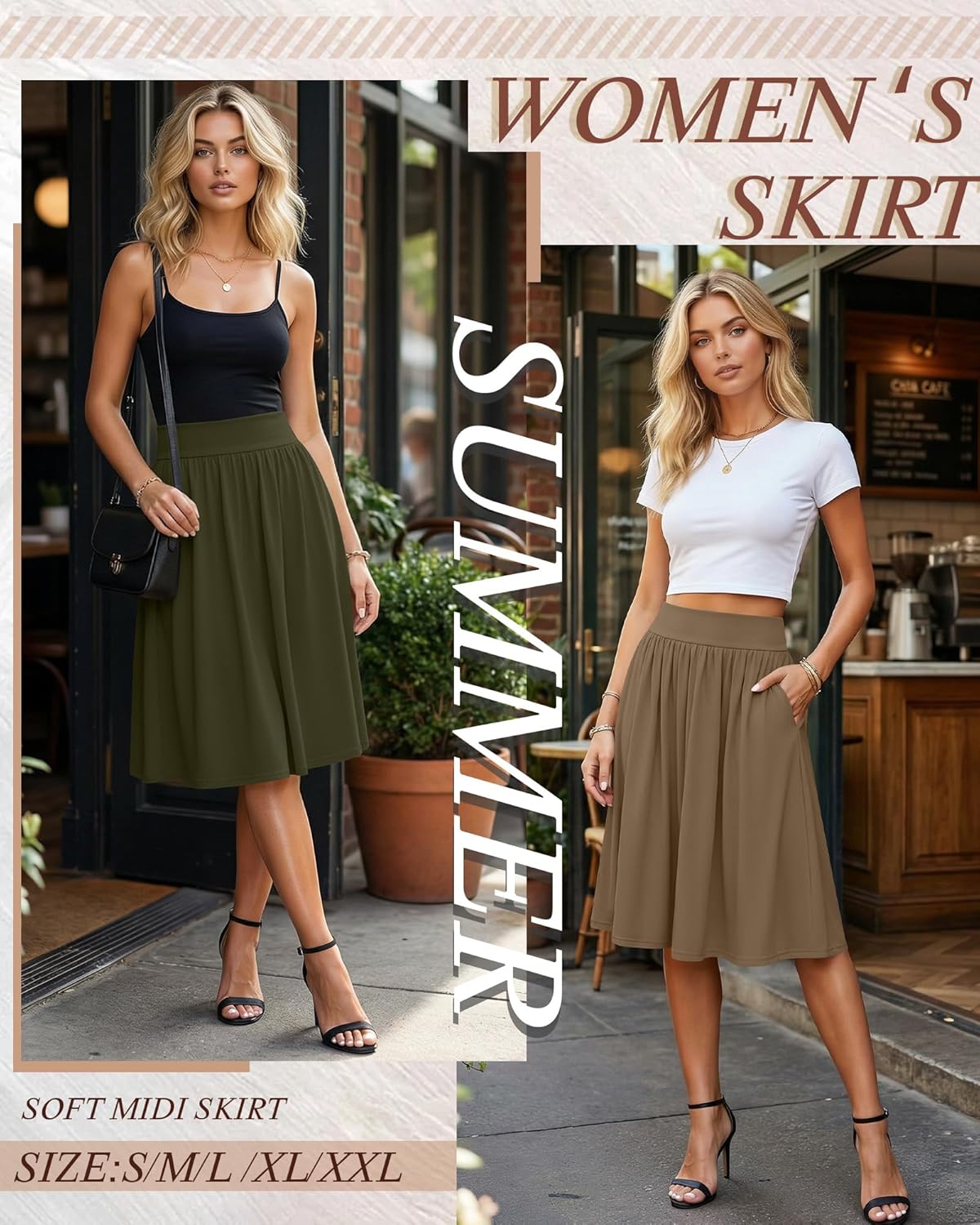 Evervibe 3 Pcs Womens Midi Skirts Knee Length with Pockets Casual High Waisted 2026 Trendy Summer Midi Skirt for Ladies