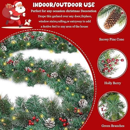 Miniatura 8 de Guirnalda de Navidad LED de 9 pies con piñas, lazos de bayas rojas, bolas de Navidad, guirnalda de Navidad multifunción con 50 luces LED blancas