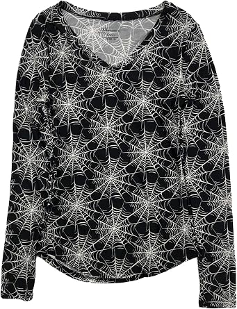 Womens Juniors Black & White Spider Web Long Sleeve Halloween Shirt Top