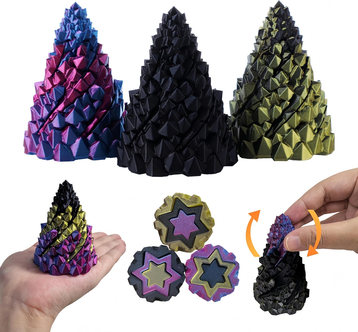 3 Pack Impossible Cone ，Spiral Cone Fidget Toys - Christmas Pine Cone Design with 3-Tier Stackable Spirals,3D Printed Desk Decor for Anxiety Relief, Cool Office Gift Set for Adults&Kids