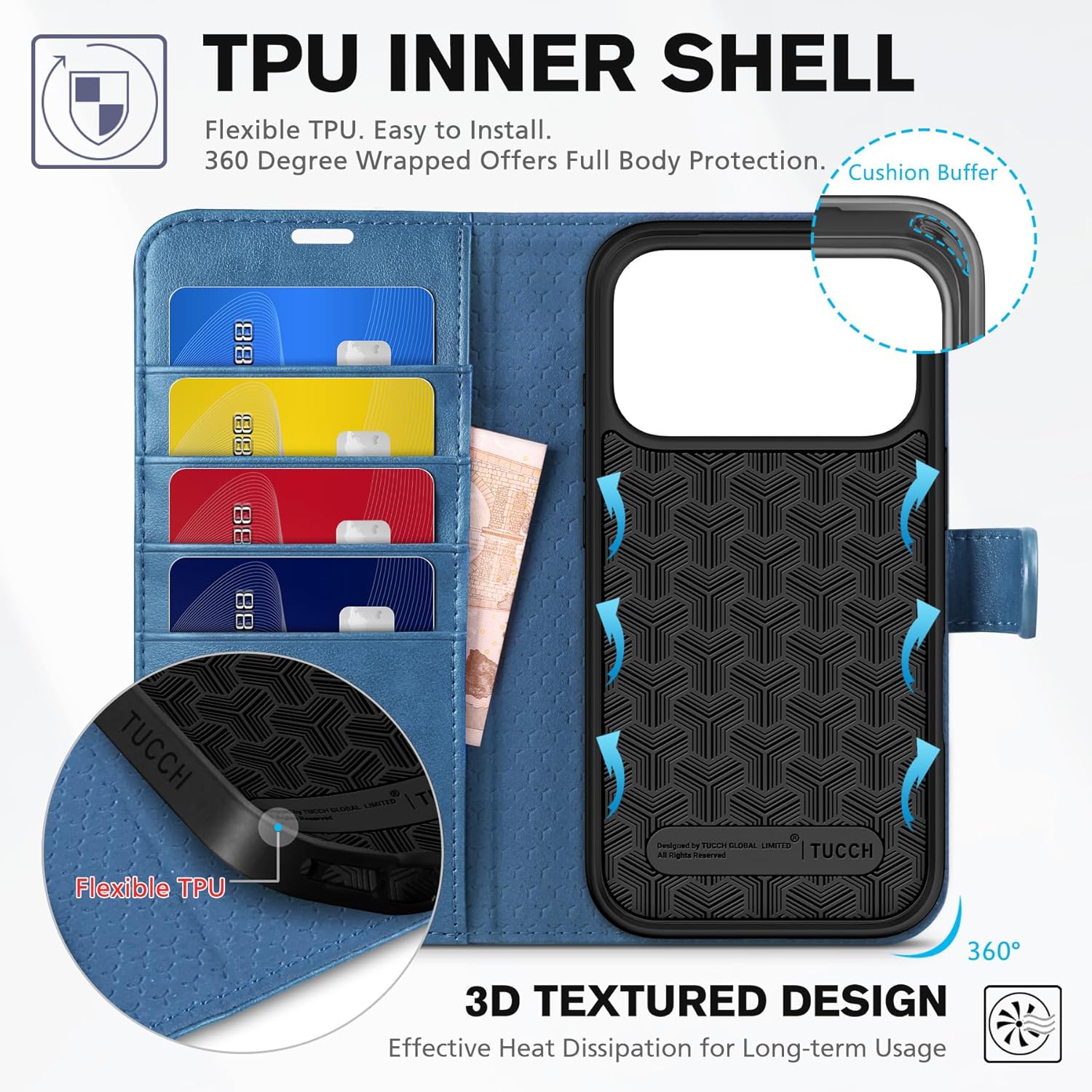 TUCCH Wallet Case for iPhone 17 Pro (6.3") 2025, 4 Card Slots, RFID Blocking, Stand, Shockproof TPU Shell, PU Leather, Magnetic Closure, Protective Flip Folio Cover, Light Blue