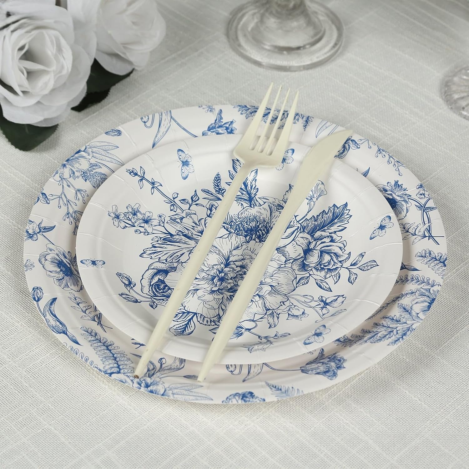 Efavormart 50-Piece White and Blue French Toile Paper Plate Set, Serves 25 Guests, Vintage Disposable Dinner and Salad Plates for Coastal Events