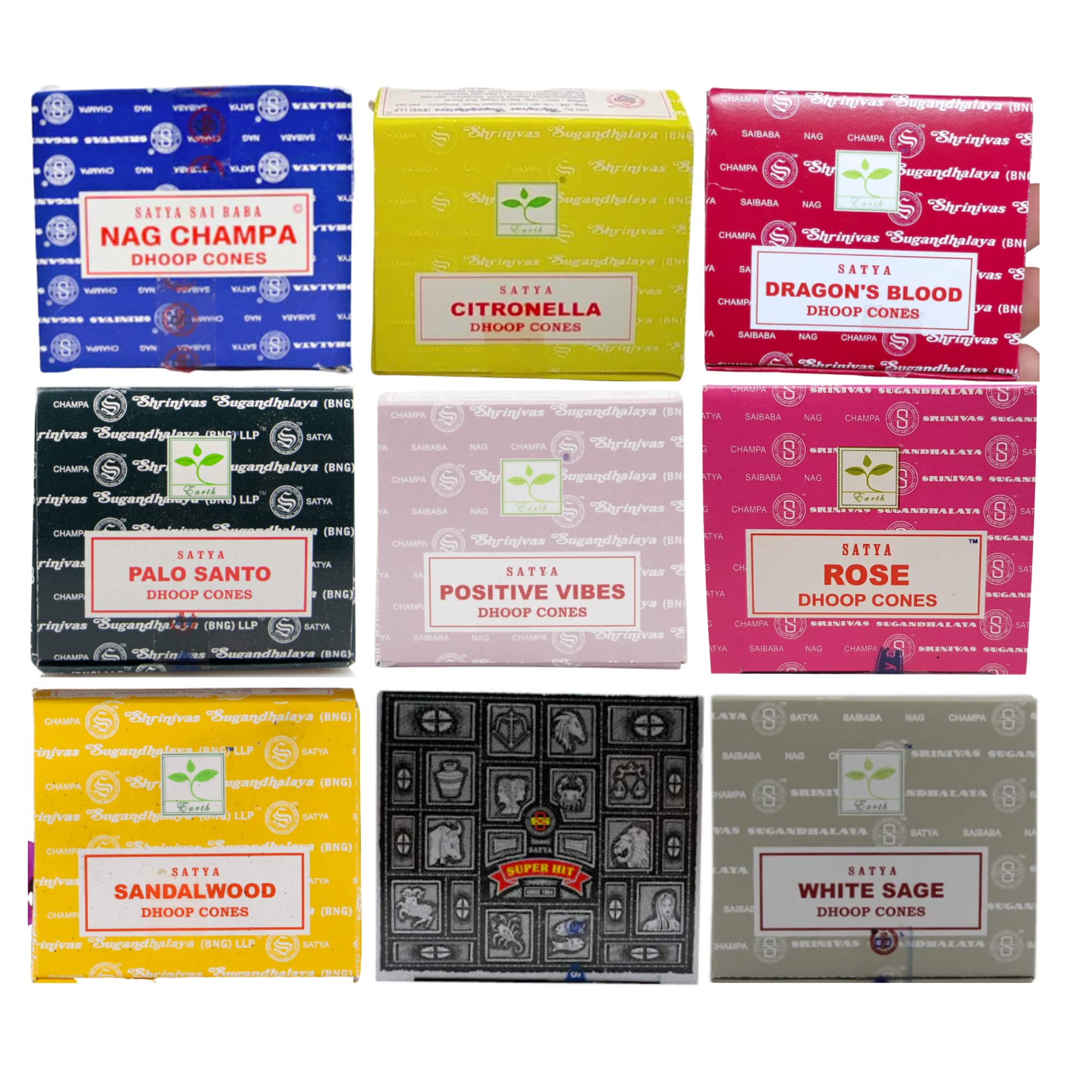 Samasia Mixture Satya Incense Cone X9 Pack Of Agarbatti, Citronella, Dragons Blood, Palo Santo, Positive Vibes, Rose, Sandalwood, Super Hit, White Sage By