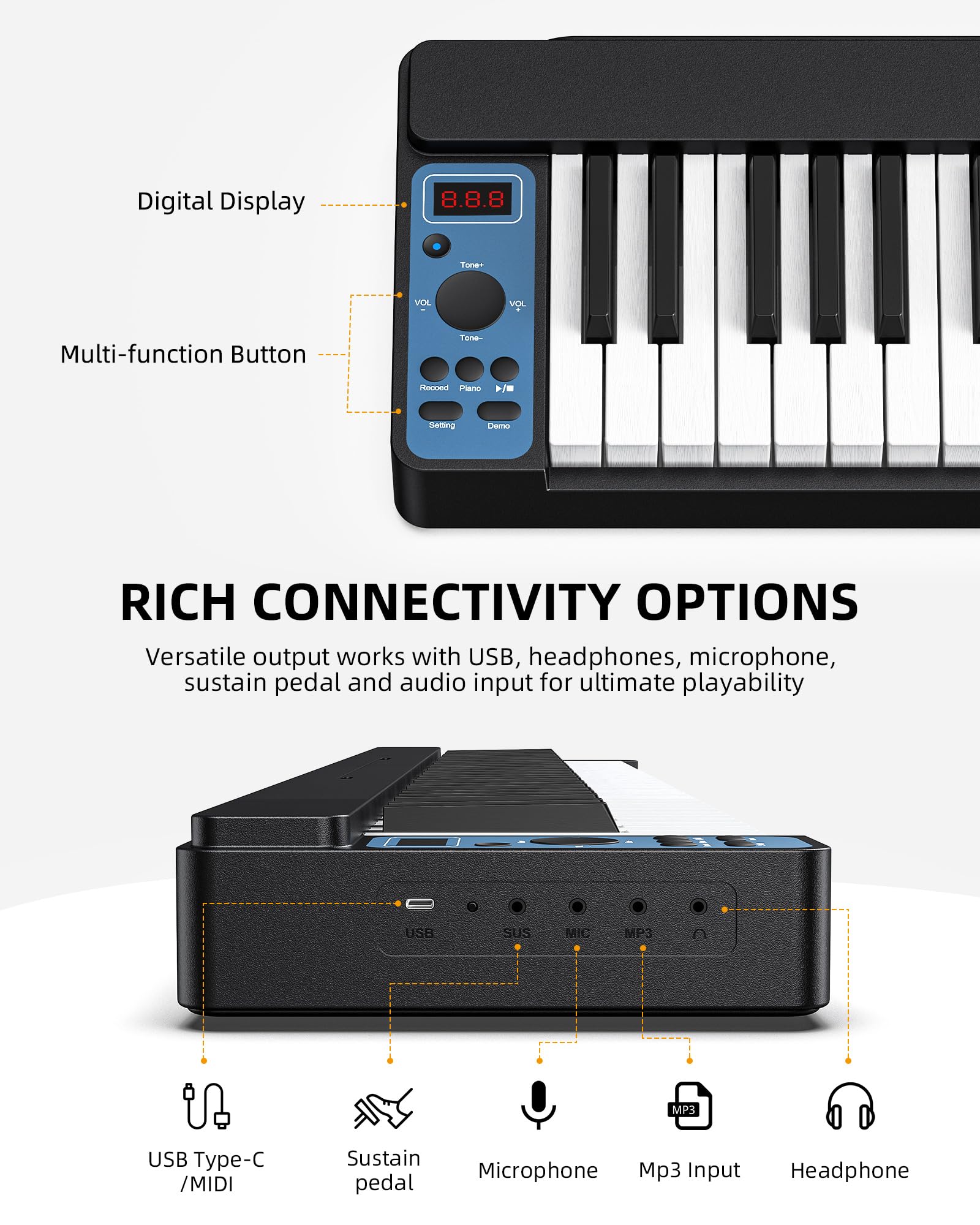 LEKATO Tastiera elettronica pieghevole con 61 tasti, tastiera pieghevole a 61 tasti con sensibilità al tocco, ricaricabile, Bluetooth MIDI, custodia, per principianti/appassionati di musica/bambini