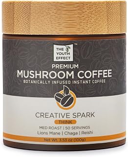 The Youth Effect Premium Instant Mushroom Coffee w/ Lion's Mane, Chaga and Reishi - Focus, Stress Relief, Immunity, Productivty & Creativity, Herbal Coffee Substitute, Keto Friendly, Sugar Free, Arabica Coffee, Healthy Coffee (Adaptogenic Coffee, Organic Mushrooms, 100g, 50 Servings, MADE IN CANADA) (100 Grams)