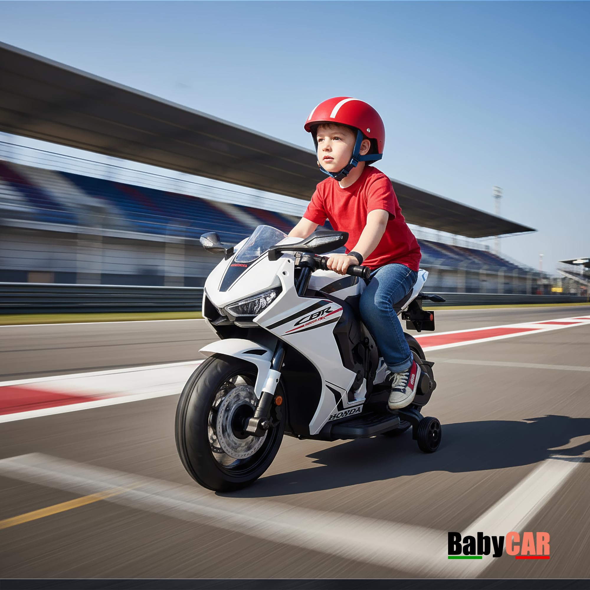 Moto Electrique Enfants BabyCar Honda CBR 12V | Moto Électrique Enfant 3-5 Ans avec Lumières, Sons, MP3/USB et Roulettes Stabilisateurs | Batterie 12V 3,5Ah, Moteur 30W et Accélérateur au Pied | Blanc